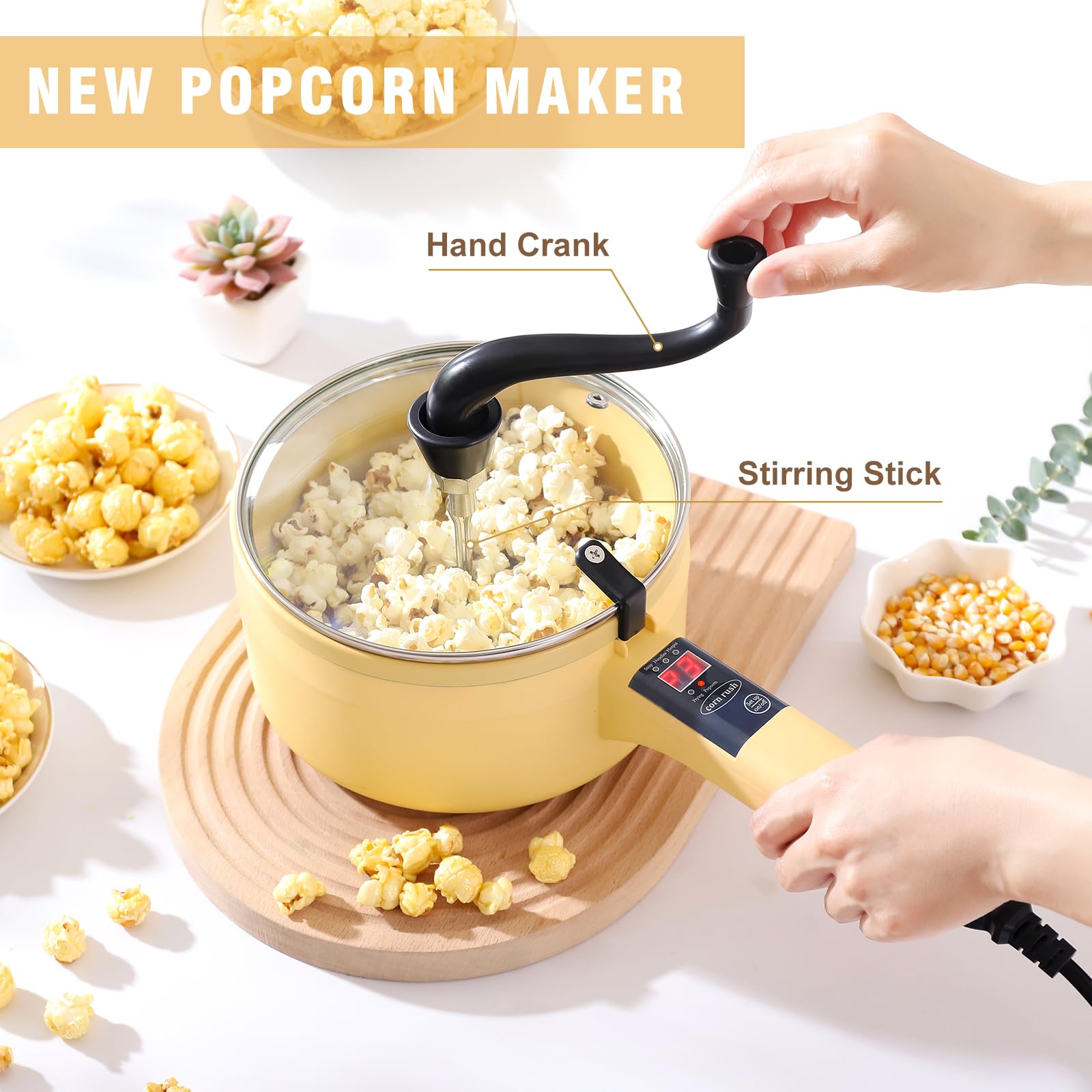 Upgraded 1L Multifunctional Electric Hot Pot Cooker - Non-Stick Stainless Steel Mini Portable Lazy Pot for Ramen, Popcorn, Steak & Egg Soup - Perfect for Camping, Travel & Dorm Use with Adjustable Power & Long Handle (Yellow)
