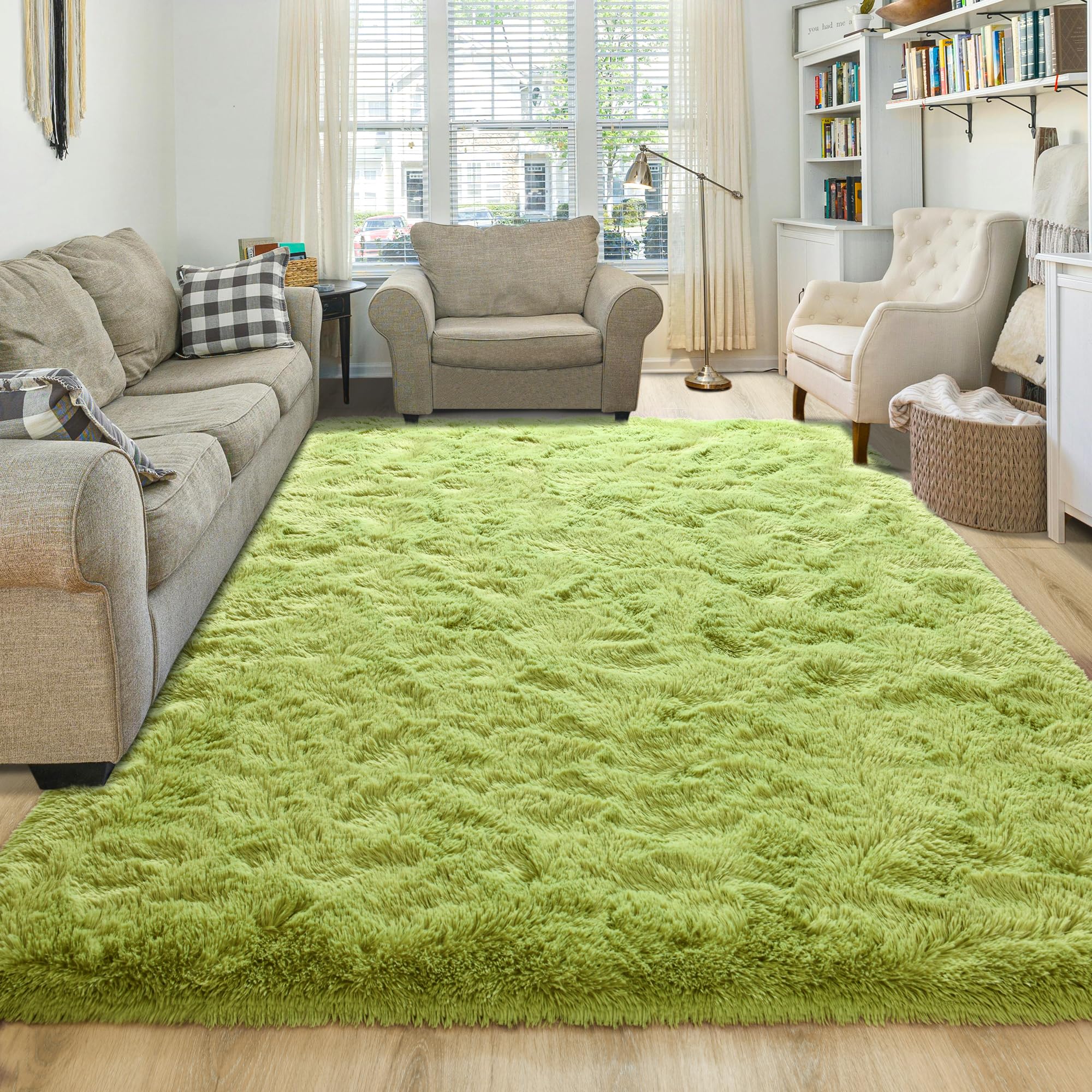Junovo Ultra Soft 6x9 Feet Fluffy Shaggy Area Rug - Plush Carpet for Bedroom, Living Room, Nursery, Kids Room - Non-Slip Home Decor Floor Mat in Green (Perfect for Cozy Spaces & Play Areas)