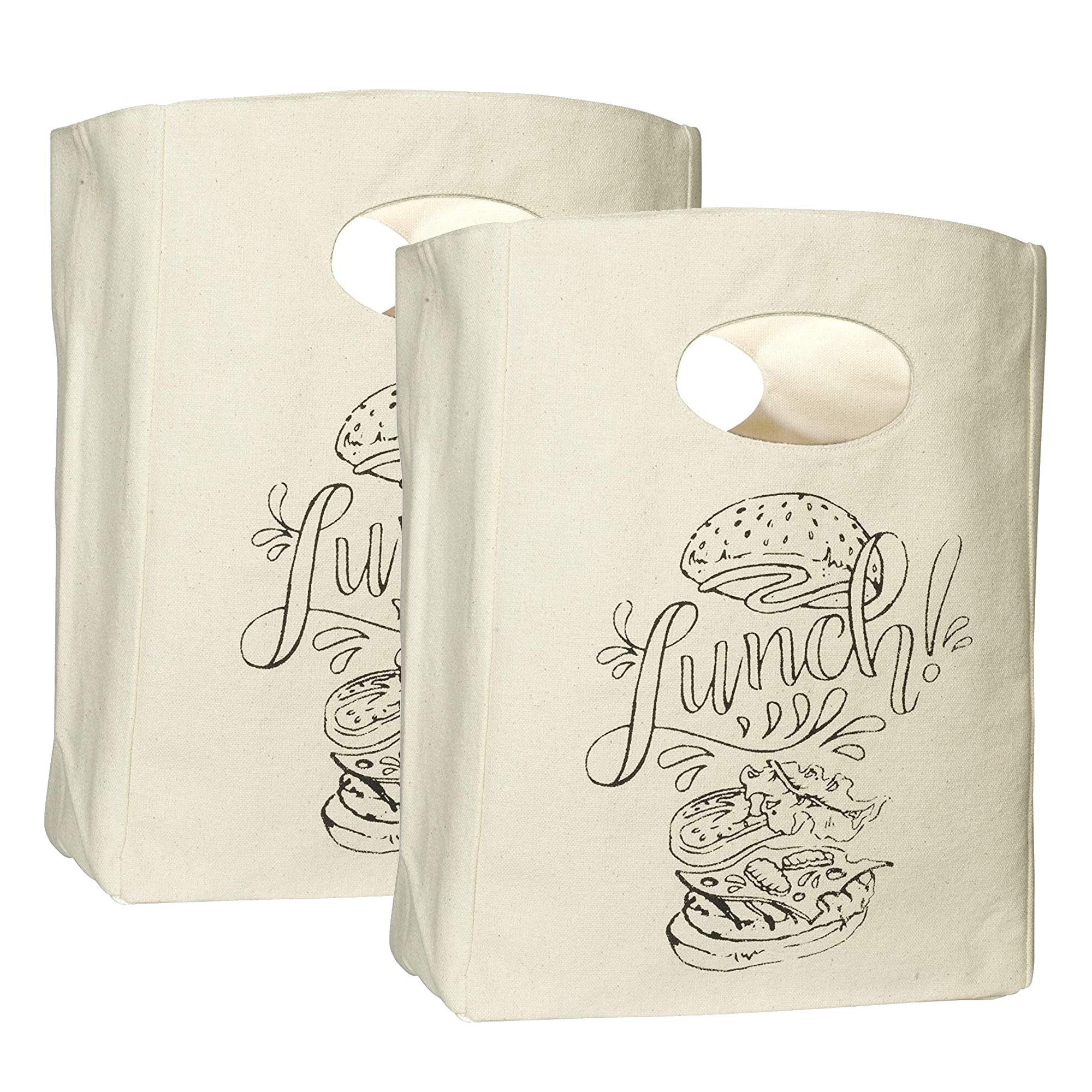 Organic Cotton Canvas Lunch Bag - Eco-Friendly & Machine Washable Reusable Lunch Tote for Men, Women & Kids - Water Resistant Easy Clean Food Container - Perfect for School, Work, Picnics & Outdoor Activities (White with Black Print - 2 Pack)