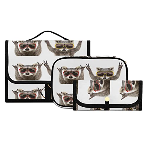 Funny Raccoons with Sunglasses 3-Piece Travel Set - Cosmetic Bag, Hanging Toiletry Bag & Pencil Case | Portable Makeup Organizer & Brush Storage for Women | Perfect for Travel, Gym & Daily Use