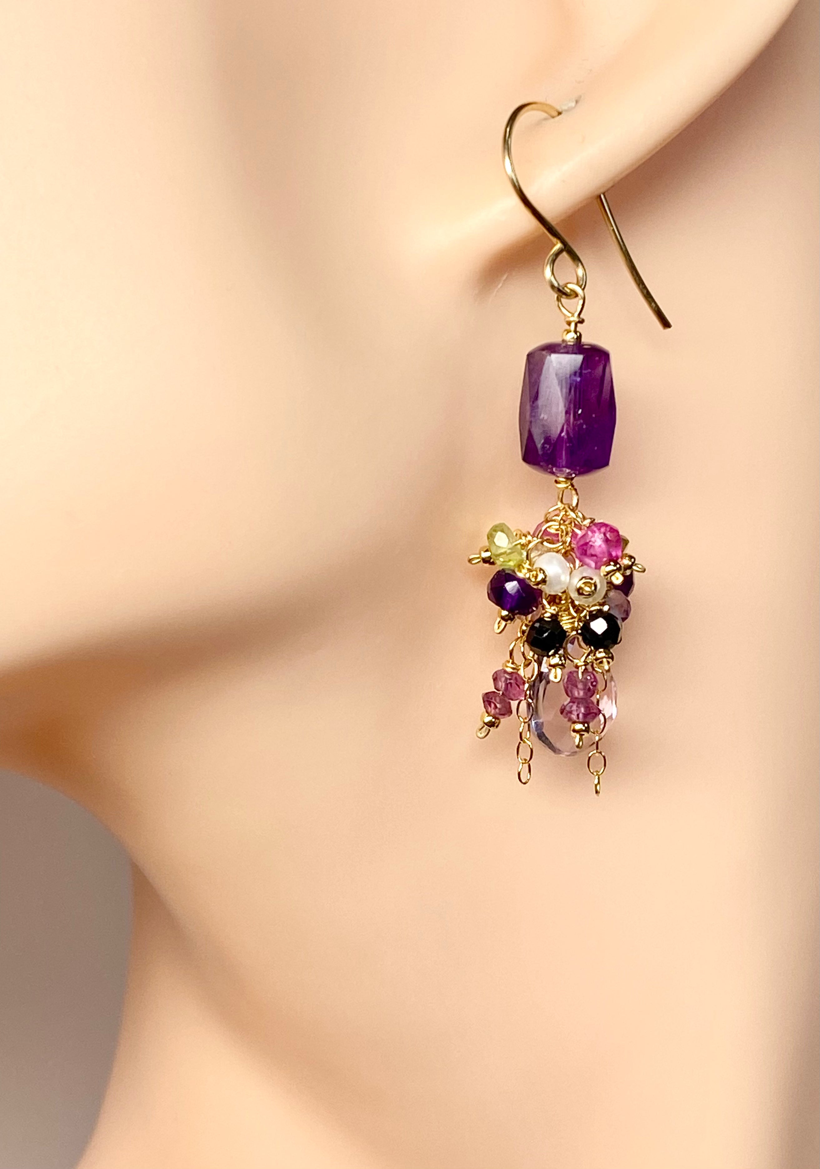 Amethyst Dangle Earrings | Multi Gemstone Cluster Drop Earrings for Women | Perfect for Weddings, Parties & Special Occasions