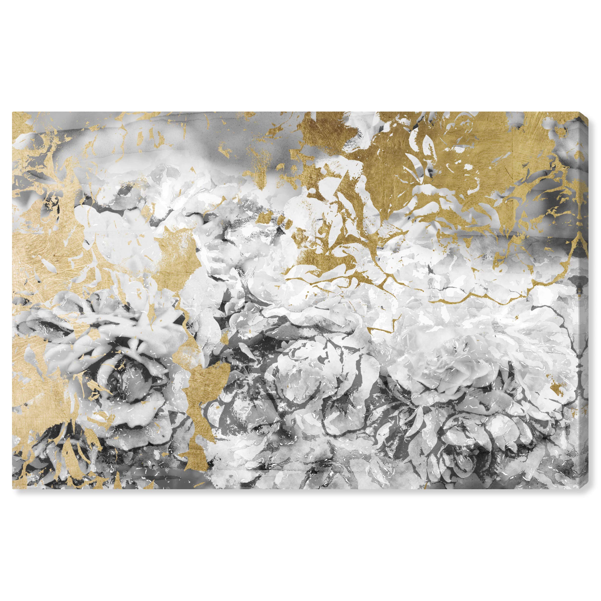 Silver Camellias Abstract Wall Art Canvas Print - 24x16 Inch Gray & Gold Modern Home Decor | Perfect for Living Room, Bedroom or Office Decoration