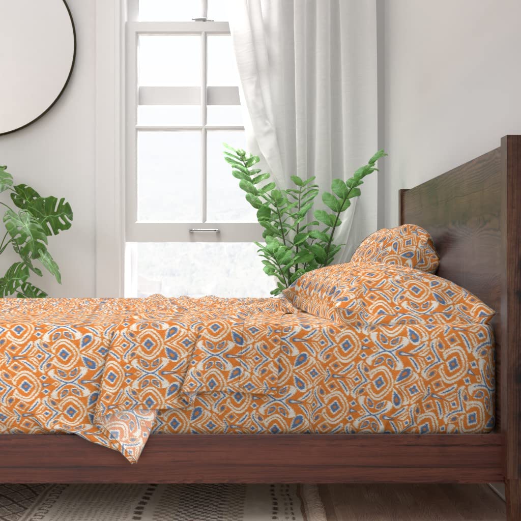 Premium 100% Cotton Twin Bed Sheet Set (3-Piece) - Vibrant Ikat Floral Orange & Blue Modern Abstract Print | Soft Breathable Bedding for Home, Dorm, Guest Room | Trendy Custom Design
