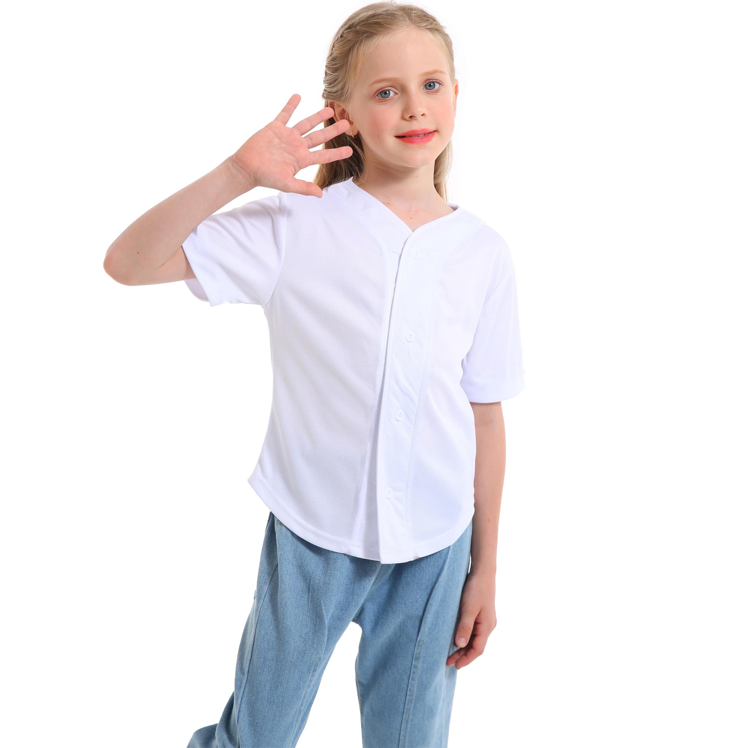 Boys & Girls Baseball Jersey - White Short Sleeve Button-Up Hip Hop T-Shirt for Kids | Youth Sports Uniform, Casual Streetwear & Team Outfits