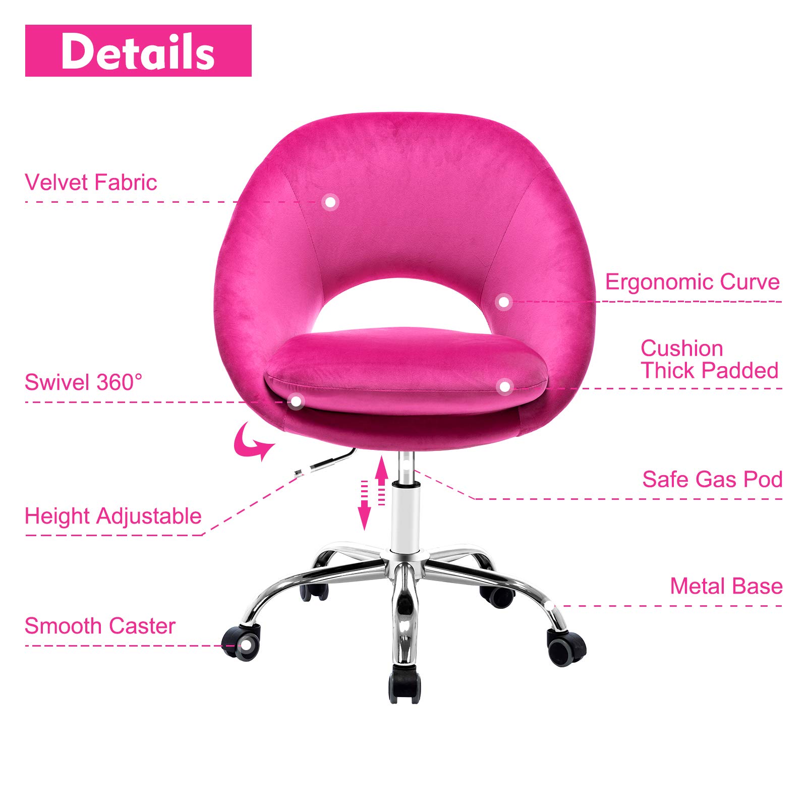 Velvet Desk Chair - Modern Ergonomic Office Chair with Adjustable Height, Swivel & Mid-Back Support for Home Office, Study & Workspace - Comfortable Computer Task Chair with Metal Base for Long Working Hours