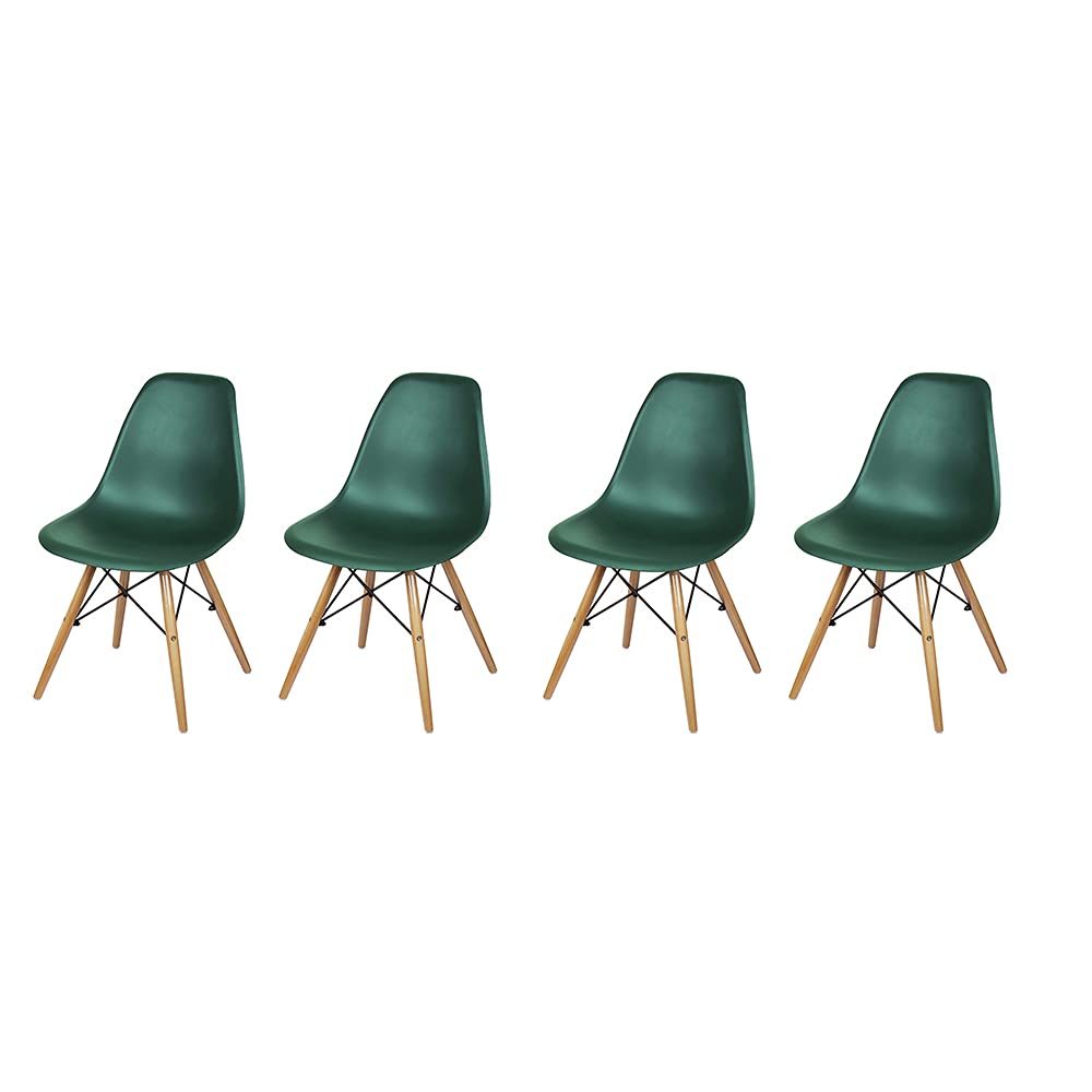 GIA Mid-Century Modern Plastic Dining Chairs Set of 4 - Dark Emerald Green Seat with Wooden Legs - Perfect for Kitchen, Dining Room, Patio & Outdoor Gatherings