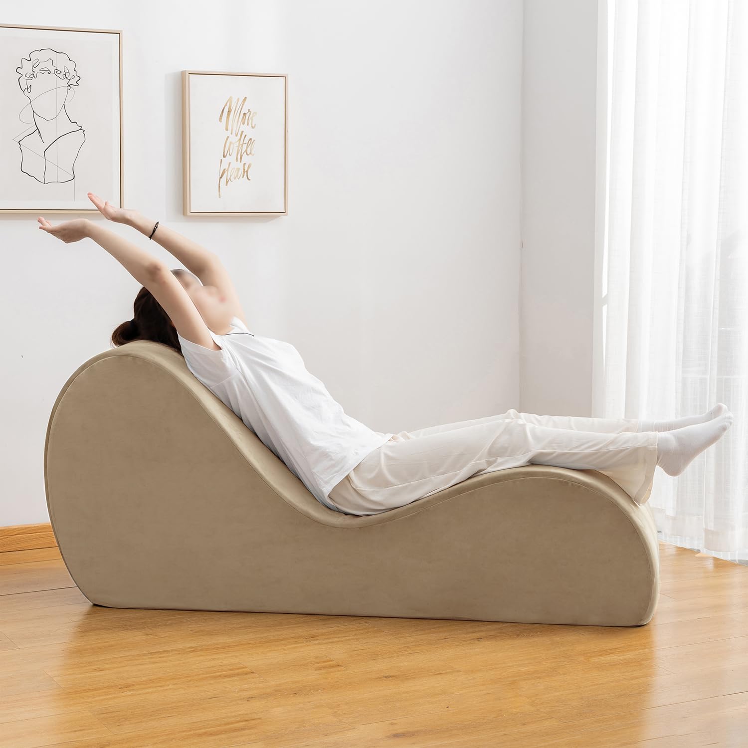 Premium Velvet Yoga Chaise Lounge Chair for Stretching & Relaxation - Non-Slip Bottom with Side Pockets & Removable Cover - Perfect for Couples, Adults & Home Yoga Practice in Bedroom, Living Room or Studio (Beige)