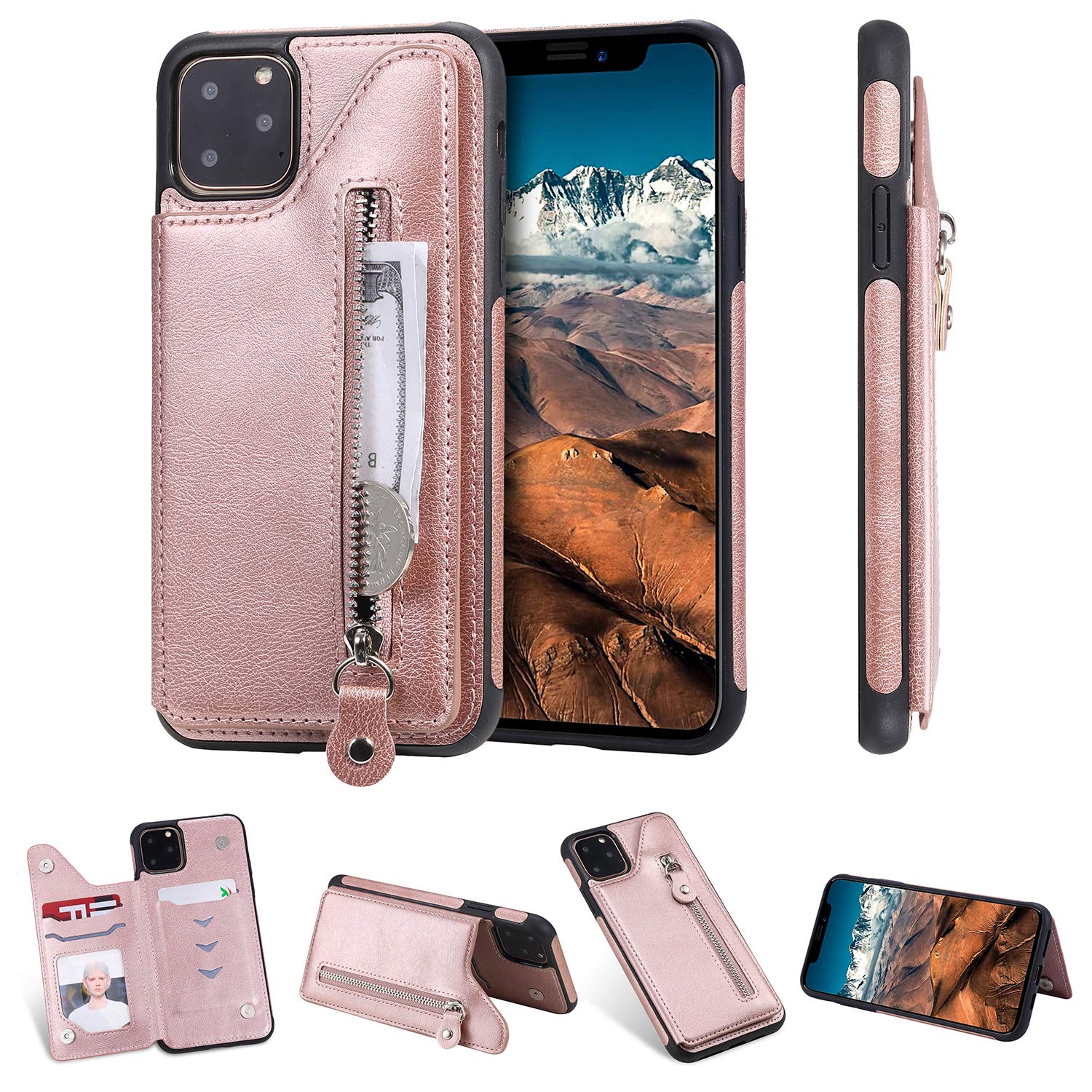 Premium PU Leather iPhone 11 Pro Max Wallet Case with Kickstand - Shockproof TPU Bumper, Card Slots & Zip Pocket - Protective Cover for Apple iPhone 11 Pro Max 6.5
