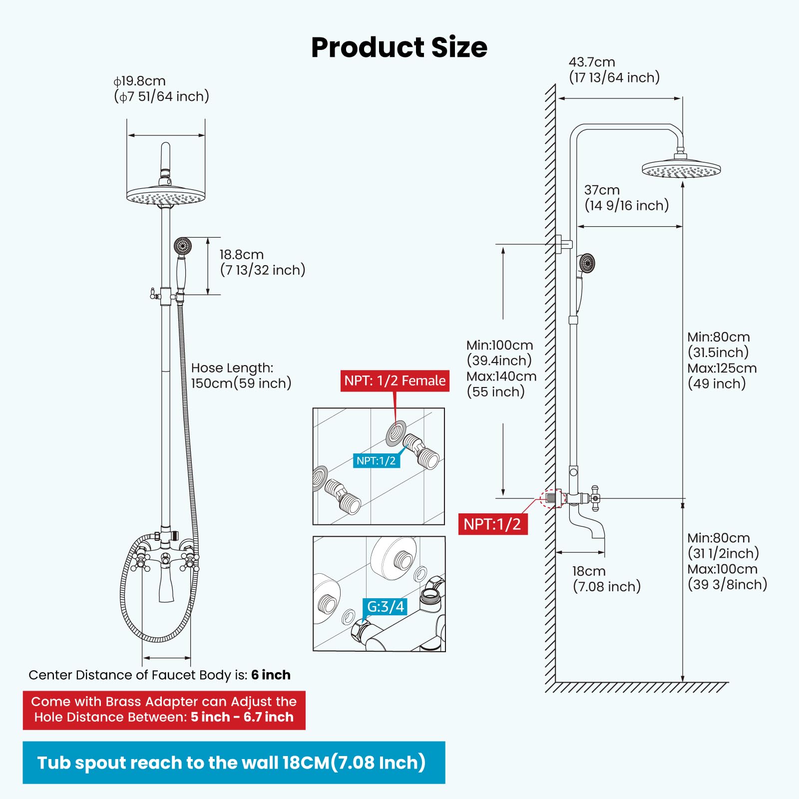 Gotonovo 8-Inch Wall Mounted Outdoor Shower System - Oil Rubbed Bronze Exposed Bathroom Faucet with Adjustable Handheld Sprayer, Double Cross Handles & Tub Spout (No Shelf) - Perfect for Patio, Poolside & Garden Showers