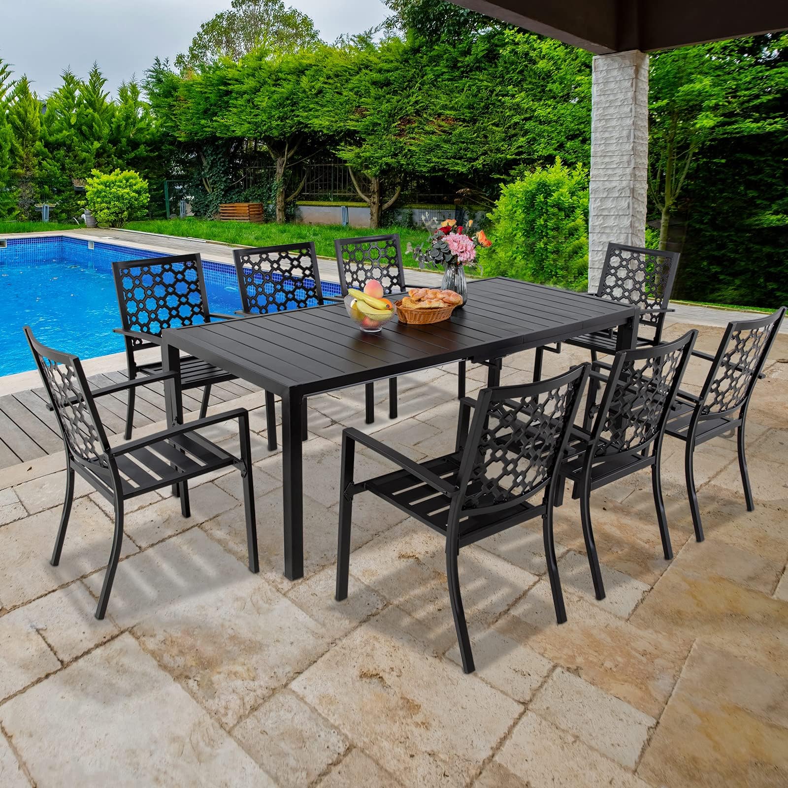 MEOOEM Extendable Patio Dining Table 47-79 Inch Adjustable Outdoor Rectangle Table for 4-8 People - Durable Metal Steel Garden & Poolside Dining Set for Backyard, Deck, and Outdoor Entertaining