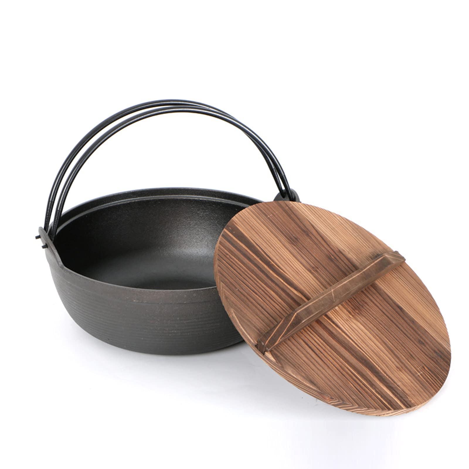 AIZYR Japanese Style Sukiyaki Cast Iron Nabe Pot with Wooden Lid - Traditional Tetsu Pot for Outdoor Camping, Hanging Stove Pan - Perfect for Hot Pot, Sukiyaki & Shabu-Shabu at Home or Picnics