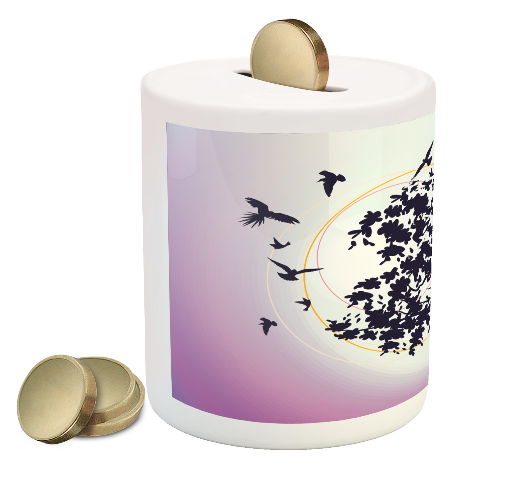 Ambesonne Anime Ceramic Piggy Bank - Fantasy Silhouette Sitting on Tree Branch with Flying Birds - Dark Purple & Fuchsia Money Box for Cash Savings (3.6