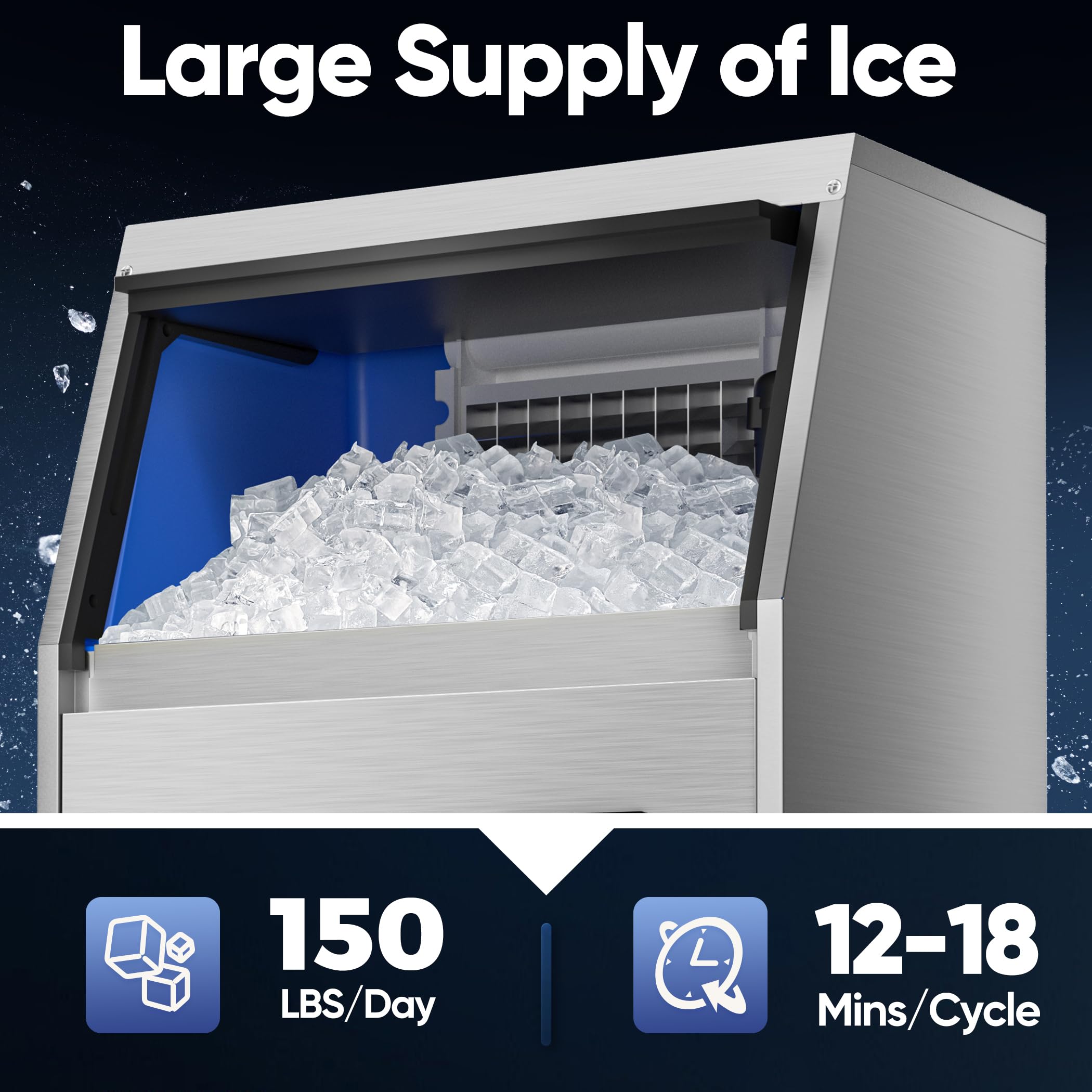 Commercial Ice Maker Machine 150LBS/24H with 35LBS Storage - Freestanding Under Counter Ice Machine for Home Bar, Office, Restaurant | Perfect for Cocktails, Beverages & Food Preservation