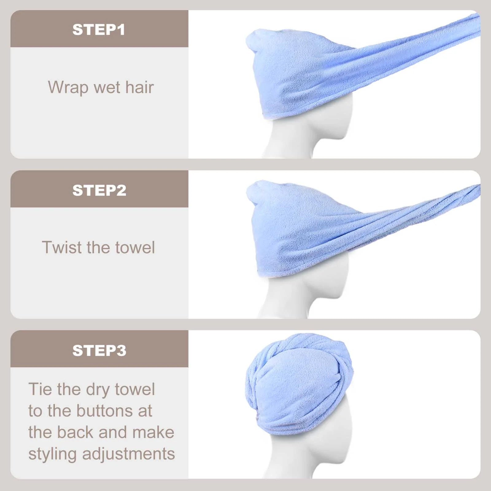 Bathwe 2 Pack Ultra Absorbent Hair Towel Wrap for Women - Soft Twist Hair Turban Drying Cap for Wet Hair (Blue & Gray) | Perfect for Post-Shower, Salon, Spa & Home Hair Care