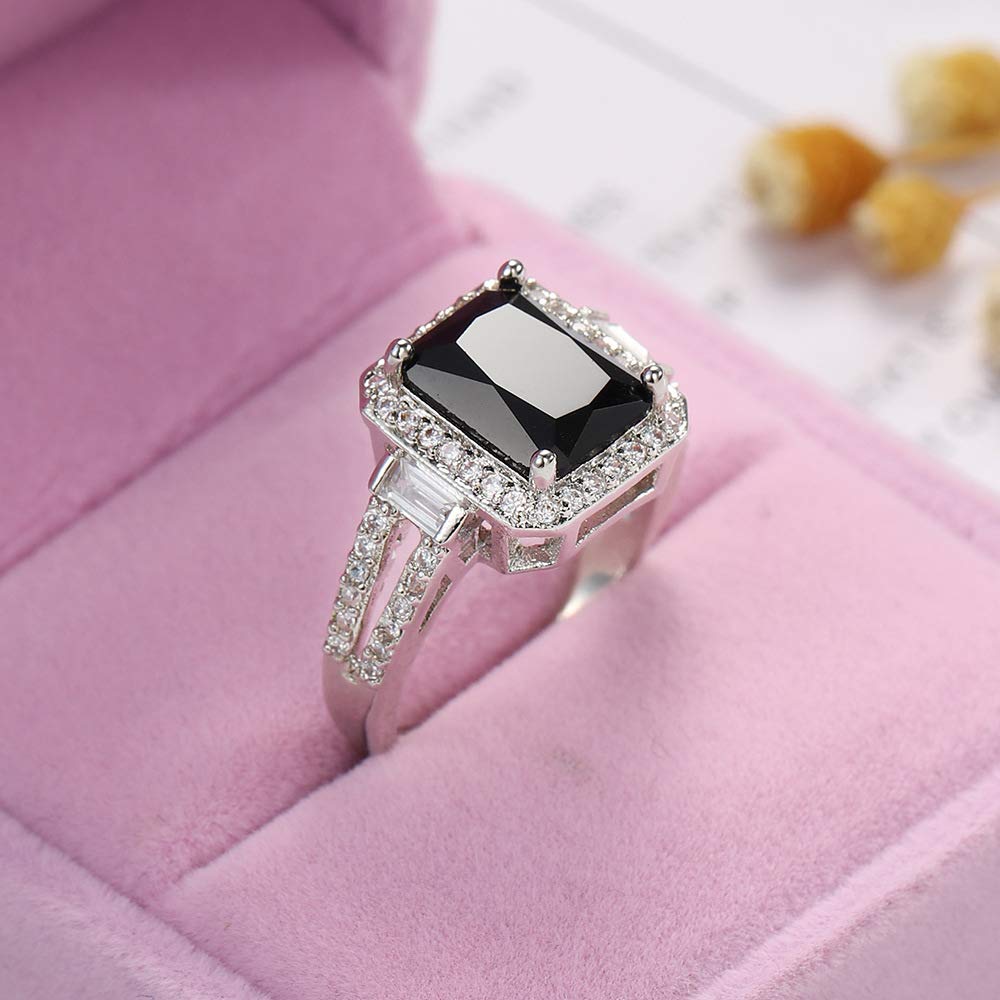 925 Sterling Silver Black Onyx Square Cut Engagement Ring for Women - Wedding Band, Anniversary Promise Ring with Black Cubic Zirconia Simulated Diamond - Perfect for Bridal, Cocktail Parties & Special Occasions