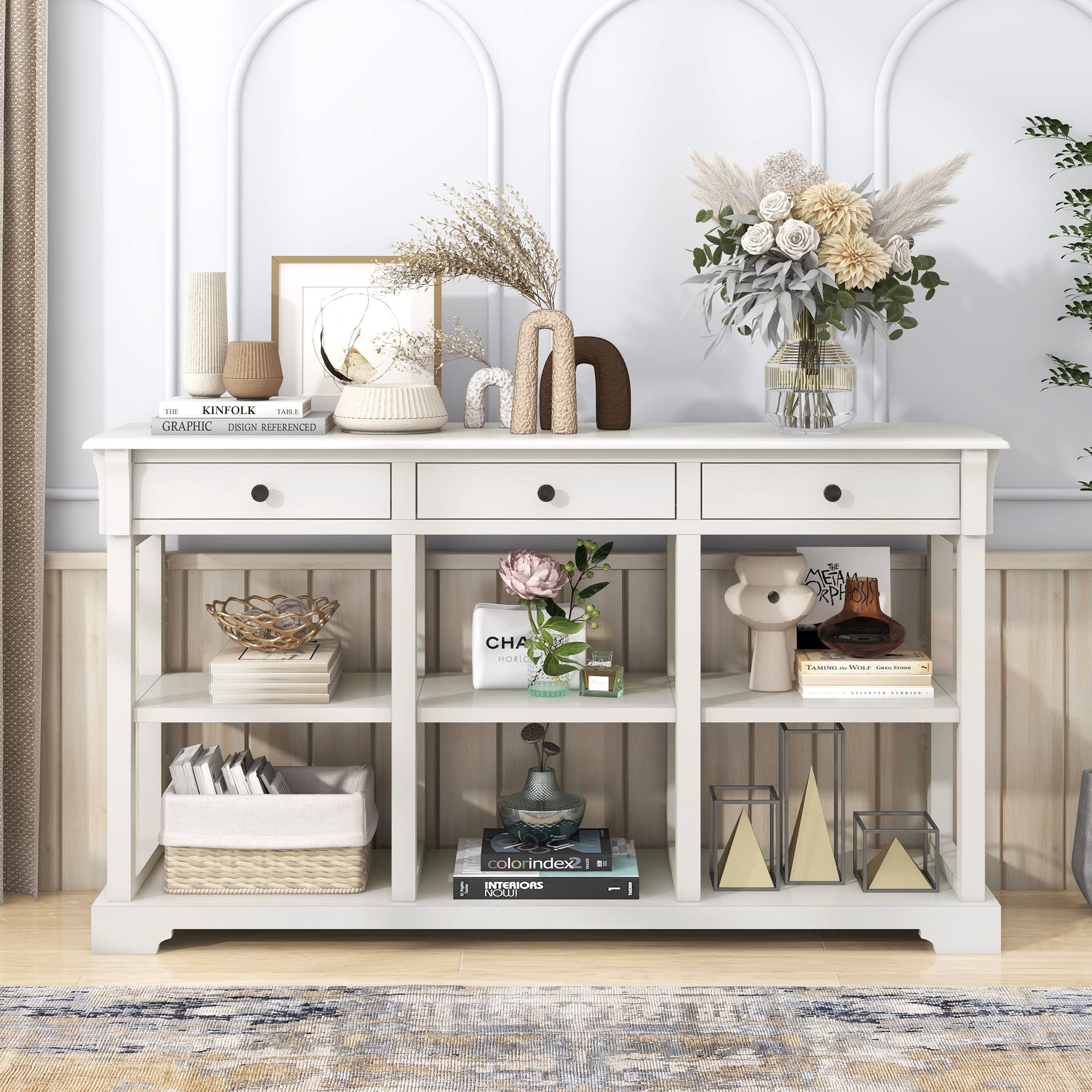 Harper & Bright Designs Retro Console Table - Modern Sideboard Buffet with Storage, Open Shelves & Drawers | Entryway, Hallway, Living Room & Kitchen Furniture | Perfect for Home Decor & Organization