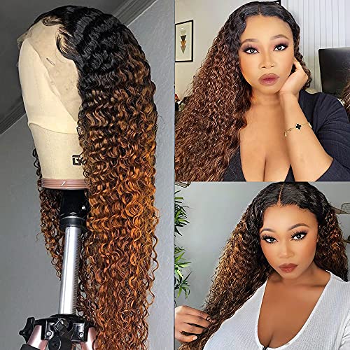 Brazilian Virgin Human Hair Wigs 150% Density Curly Lace Front Wigs - Two Tone Ombre #1b/30 Pre Plucked Remy Hair Wigs for Black Women (22 Inch) by Brennas Hair | Perfect for Daily Wear, Parties & Special Occasions