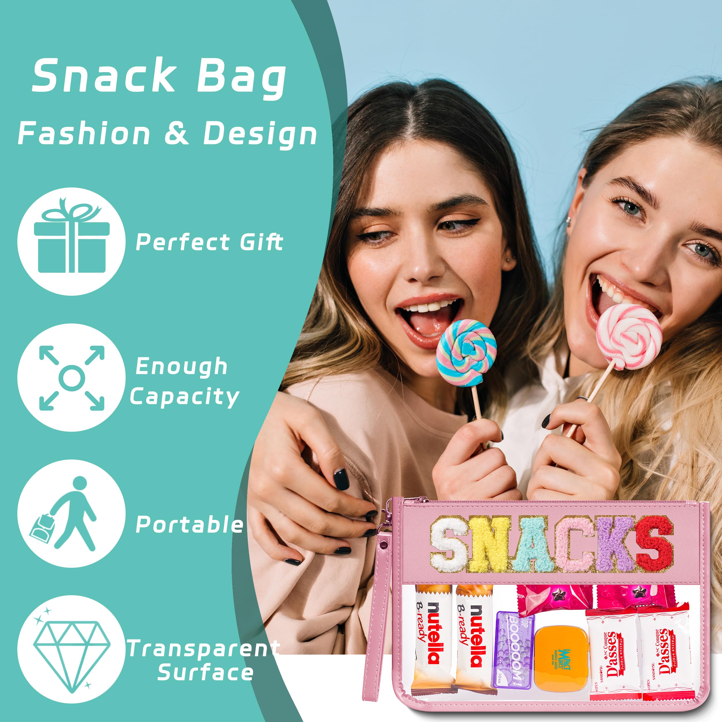 Chenille Letter Clear Zipper Pouch for Travel - Waterproof PVC Cosmetic & Snack Storage Bag for Women & Girls | Makeup Organizer, Toiletry Case, School Supplies Holder (Pink-Snacks) - Perfect for Travel, Gym, Beach & Daily Use