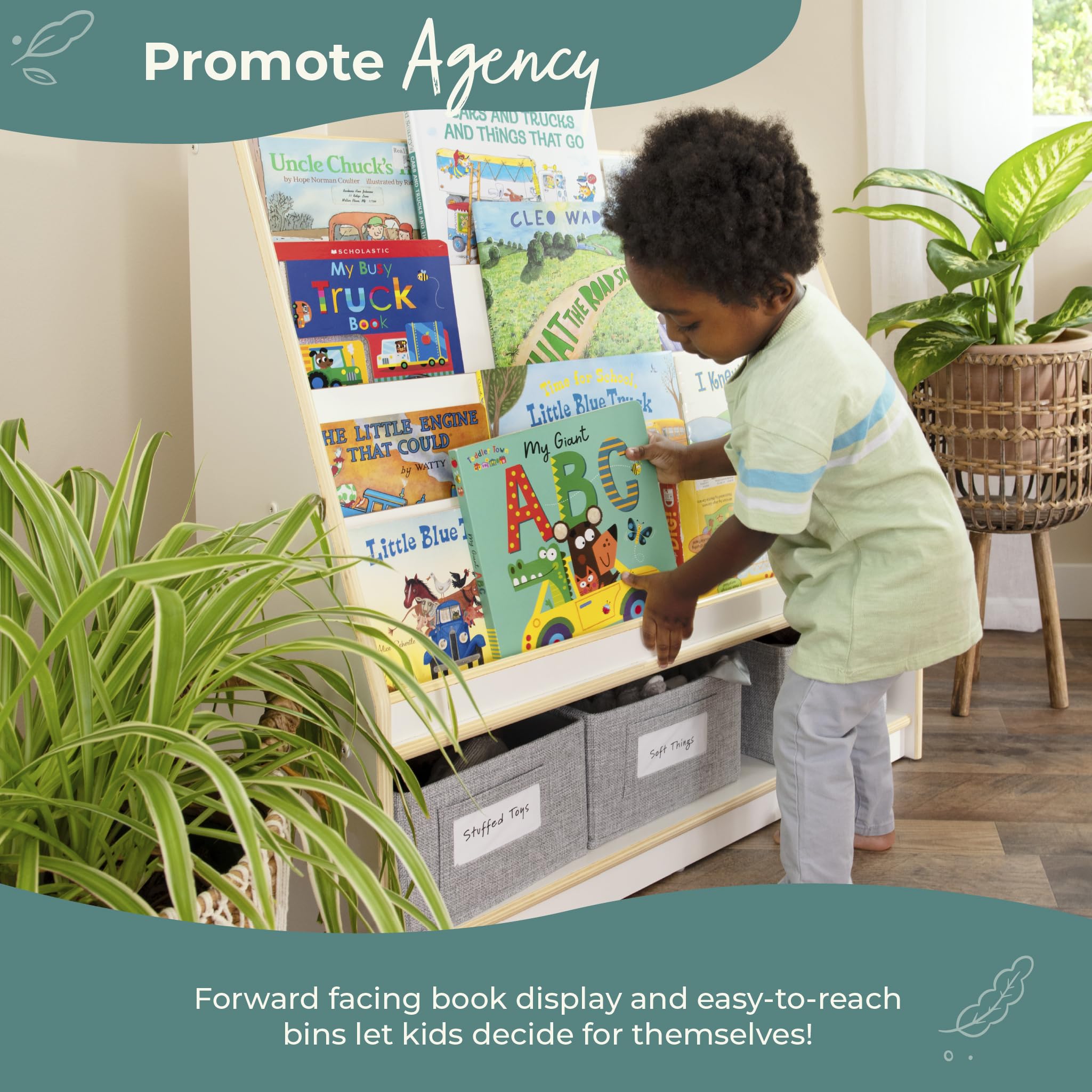 Guidecraft EdQ Book and Bin Display White with 3 Storage Bins - Wooden Kids Bookcase & Toy Storage Organizer for Homeschool, Classroom & Playroom - Sturdy Bookshelf Furniture for Children's Books, Toys & Learning Supplies