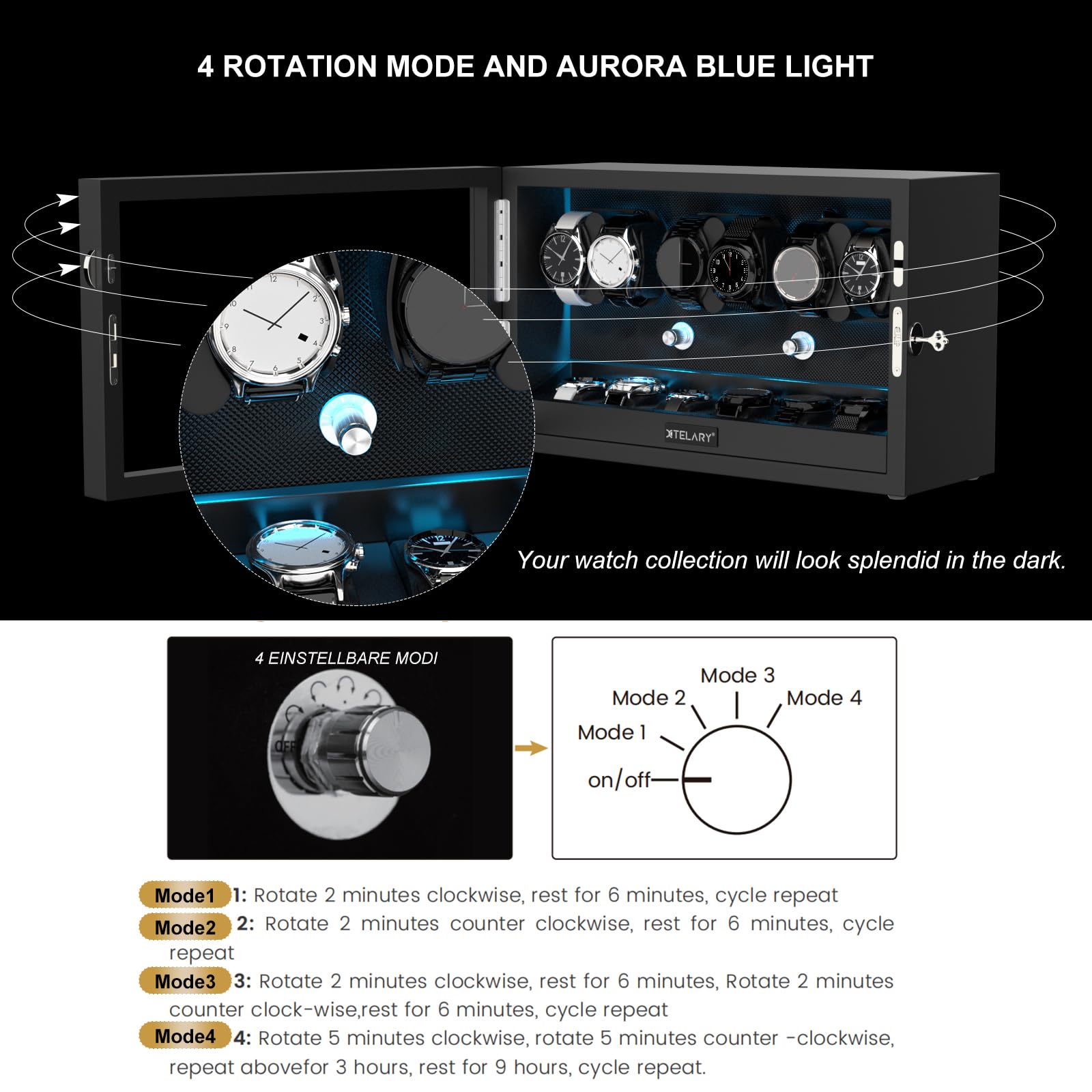 XTELARY Lockable Automatic Watch Winder - 4/6/8/12 Watch Storage Box with 4 Rotation Modes, Ultra Quiet Motor & LED Backlight | Perfect for Watch Collectors, Luxury Timepiece Display & Safe Storage at Home/Office