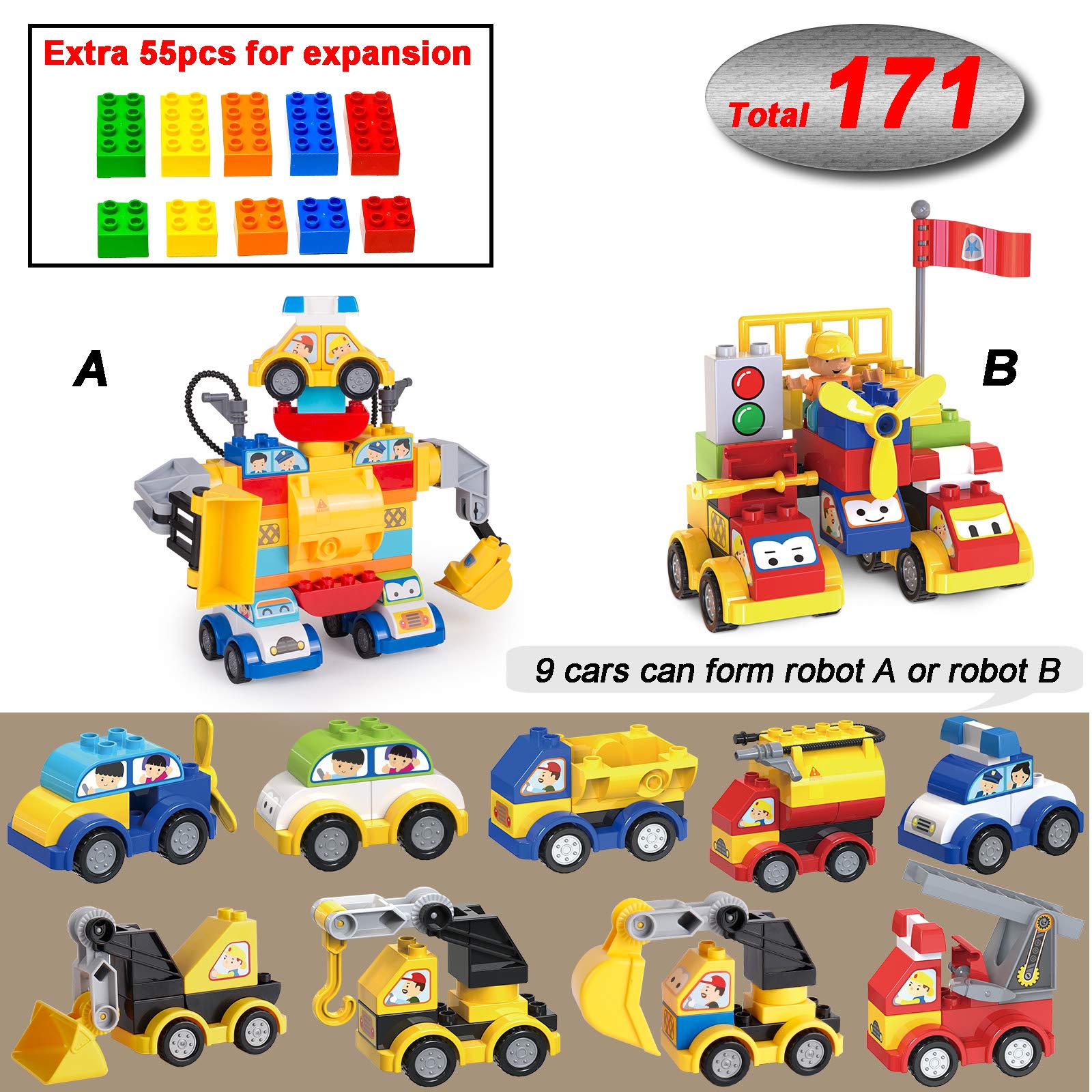 **171-Piece Toddler Building Blocks Set - Large Bricks Compatible with Major Brands | STEM Educational Toys for Kids Ages 2-5 | Creative Play, Learning & Car Construction Fun**