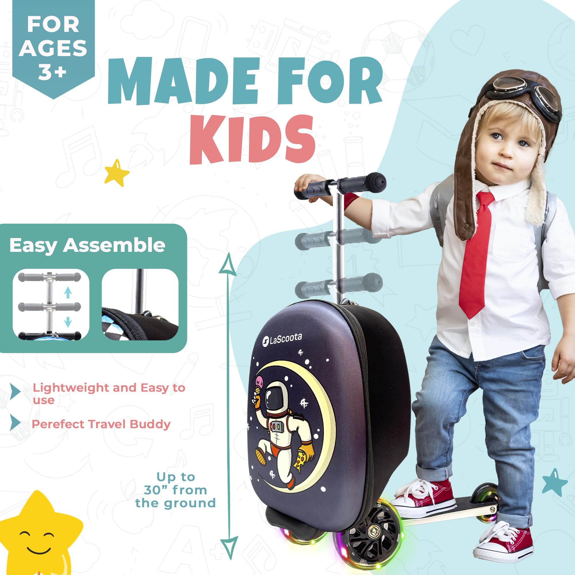 Lascoota Foldable Scooter Suitcase for Kids Ages 2-5 - Lightweight Ride-On Luggage with LED Wheels & Astronaut Design - Perfect for Air Travel, Road Trips & Playtime Adventures
