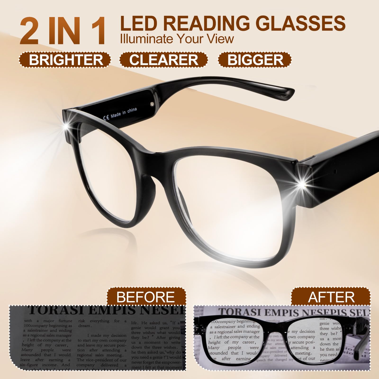 USB Rechargeable LED Reading Glasses with Light - Adjustable Brightness for Men & Women - Perfect for Night Reading, Crafts, and Low Light Conditions