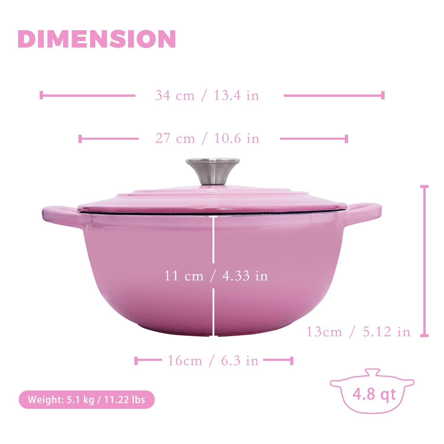 4.8 QT Pink Enameled Cast Iron Dutch Oven with Lid & Handles - Perfect for Bread Baking, Stews, Soups & Camping Cooking - Heavy Duty Oven & Stovetop Safe Cookware