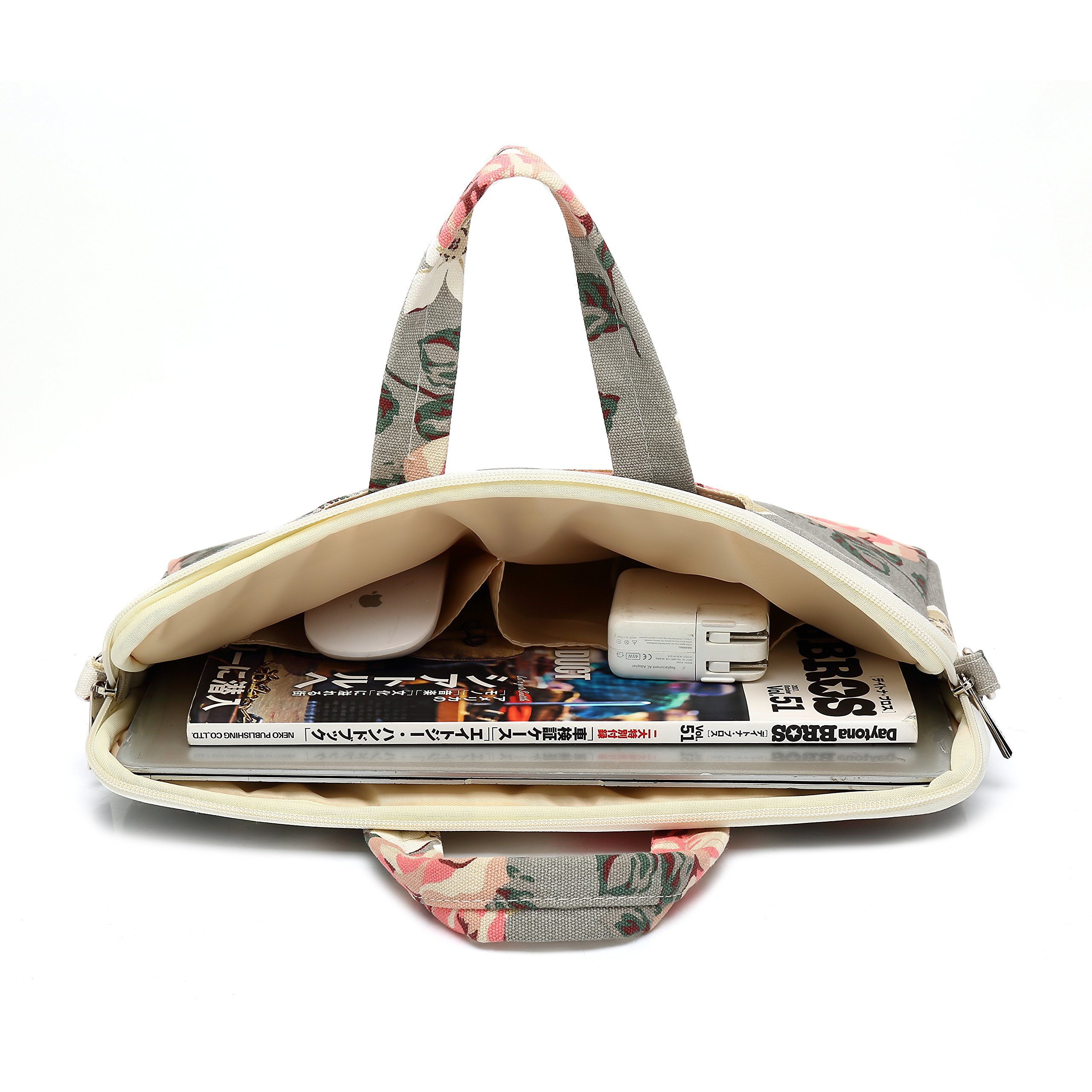 Waterproof 15 Inch Laptop Messenger Bag - Grey Rose Pattern Canvas Shoulder Bag for 14-15.6 Inch Laptop & MacBook Pro 15 | Perfect for Work, School & Travel