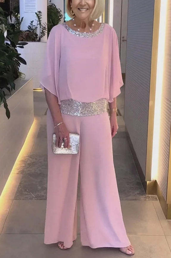 Trendy Sequin Patchwork Dolman Sleeve Blouse & Stretchy Waist Wide Leg Pants Set for Women | Party Outfit, Club Wear, Evening Attire, Special Occasion Fashion