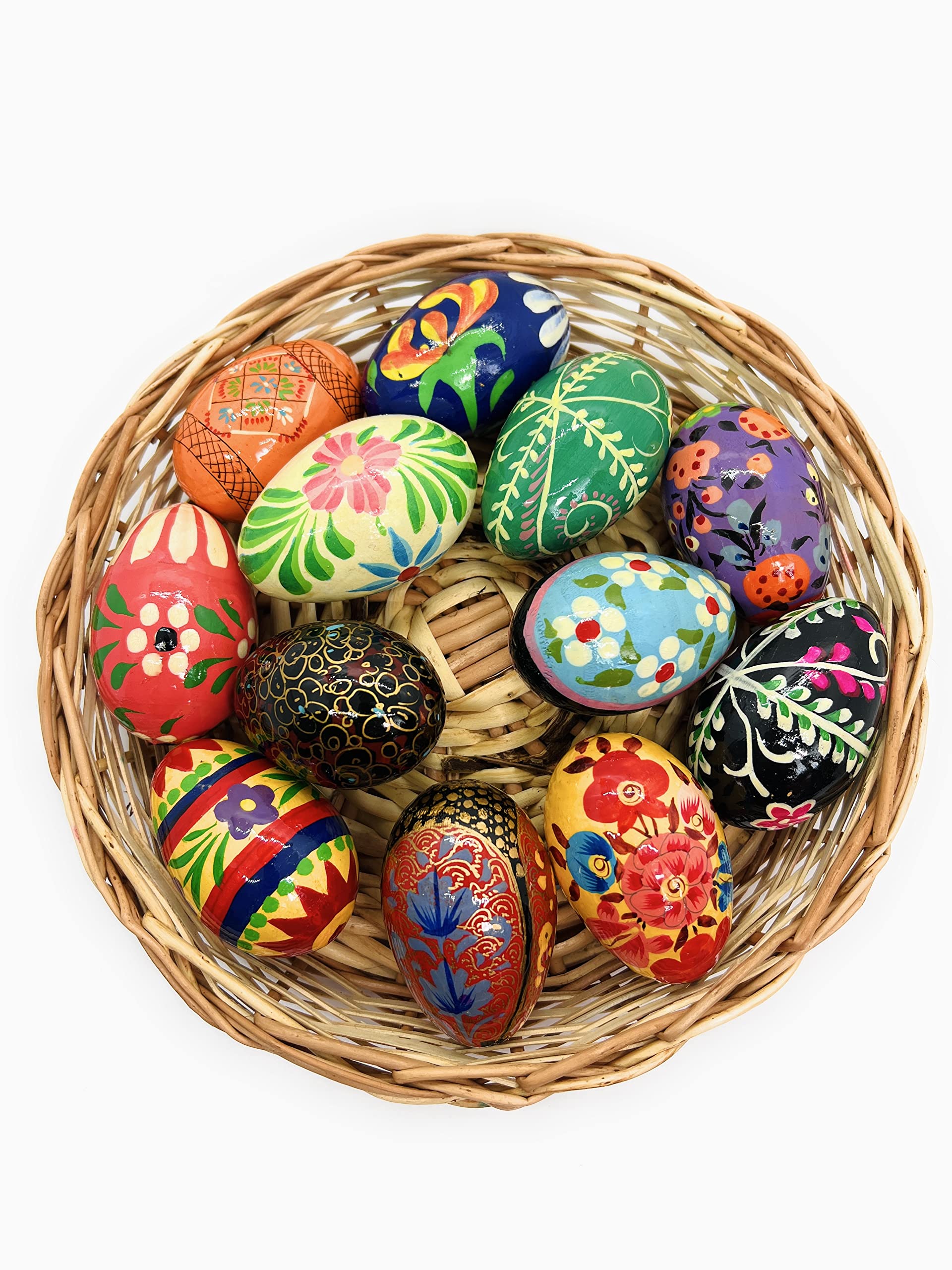 Hand Painted Wooden Easter Eggs - Set of 12 Floral Decorated 2.5 Inch Pisanki Style Eggs - Eco Friendly Lightweight Wood Eggs for Easter Basket, Home Decor, Spring Centerpiece and Holiday Gift Giving