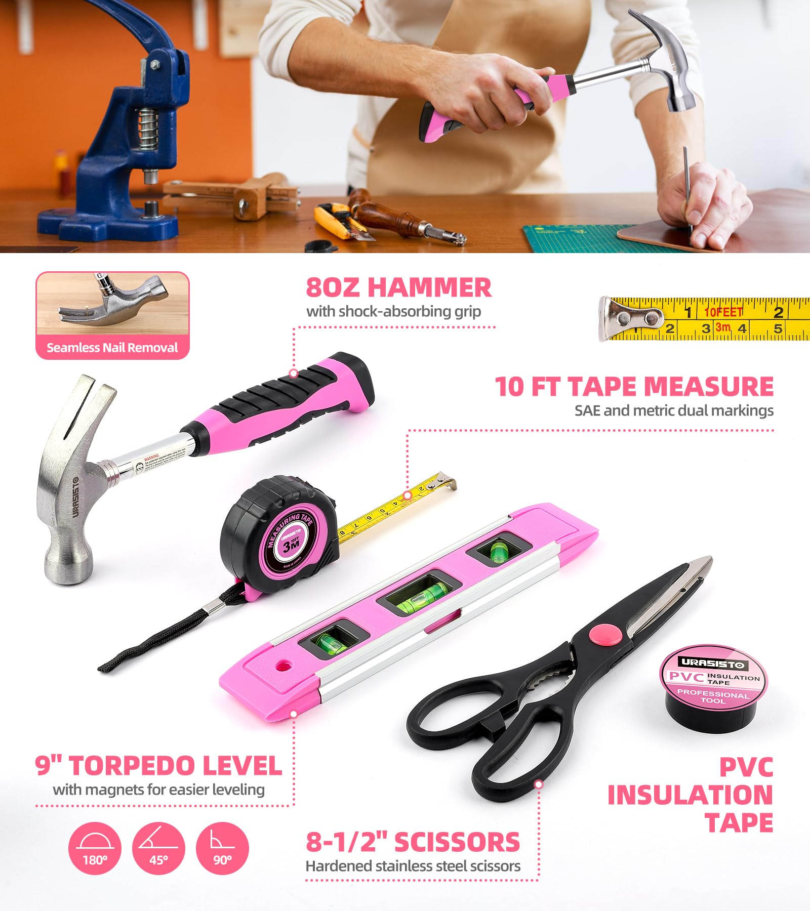 Pink 136-Piece Household Tool Set with 3.6V USB Electric Screwdriver & Cordless Lithium-ion Drill - Complete Home Repair Kit for Women | DIY Projects, Furniture Assembly, Small Repairs