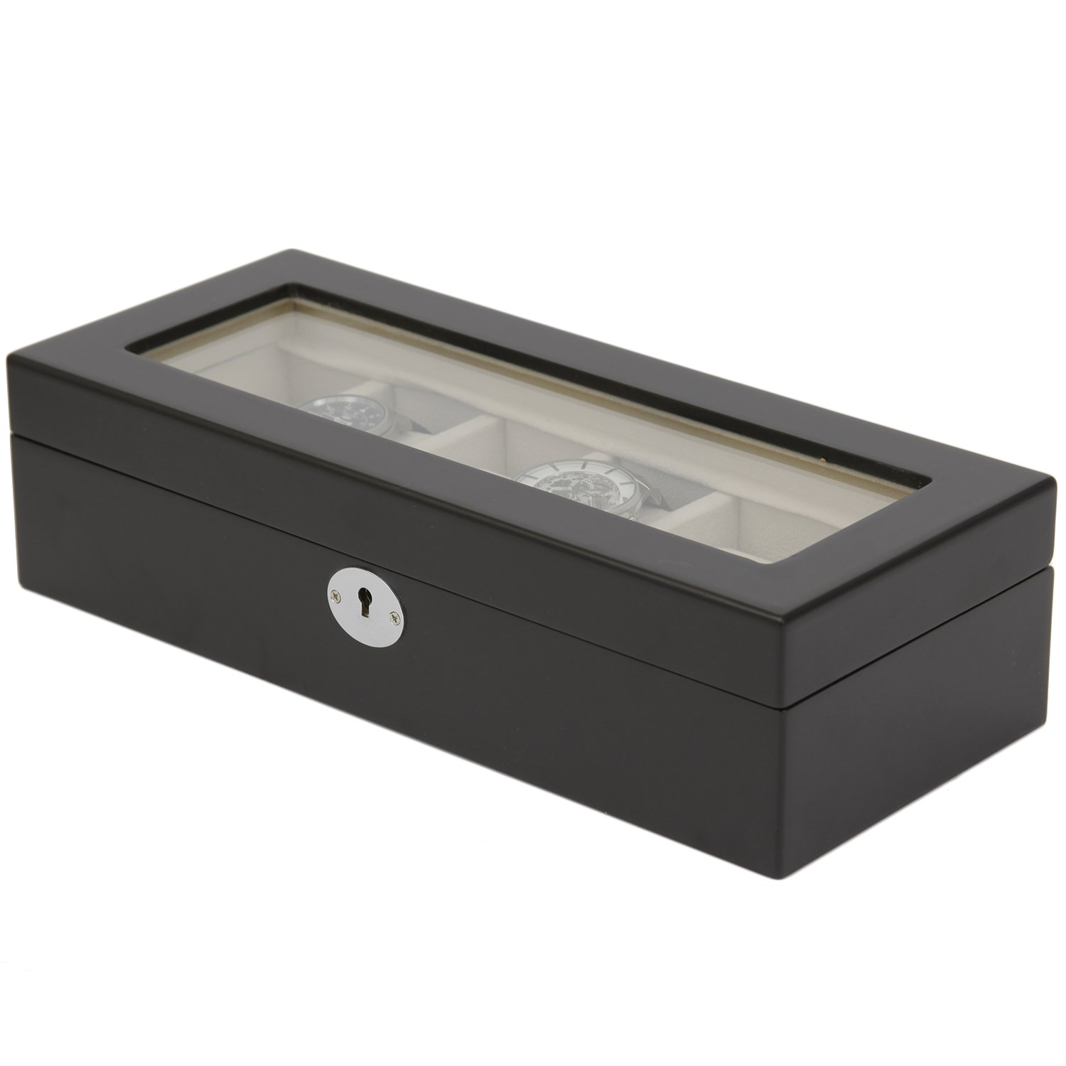 Premium Wooden Watch Box for 6 Watches - Glass Top Display Case with Soft Interior (Black) - Perfect for Watch Collectors & Gift Giving