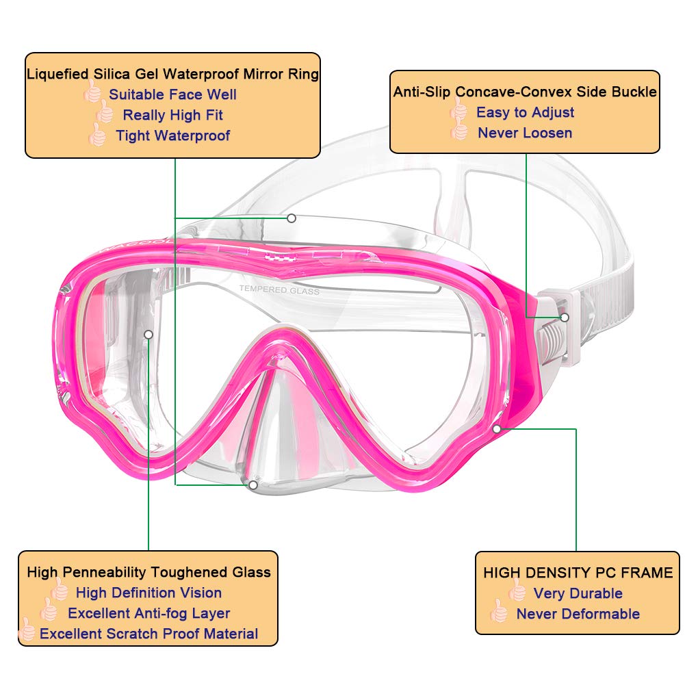 WACOOL Anti-Fog Scuba Diving Mask for Kids & Teens - Youth Swimming Snorkeling Gear with Coated Glass Lens - Perfect for Pool, Beach & Underwater Adventures