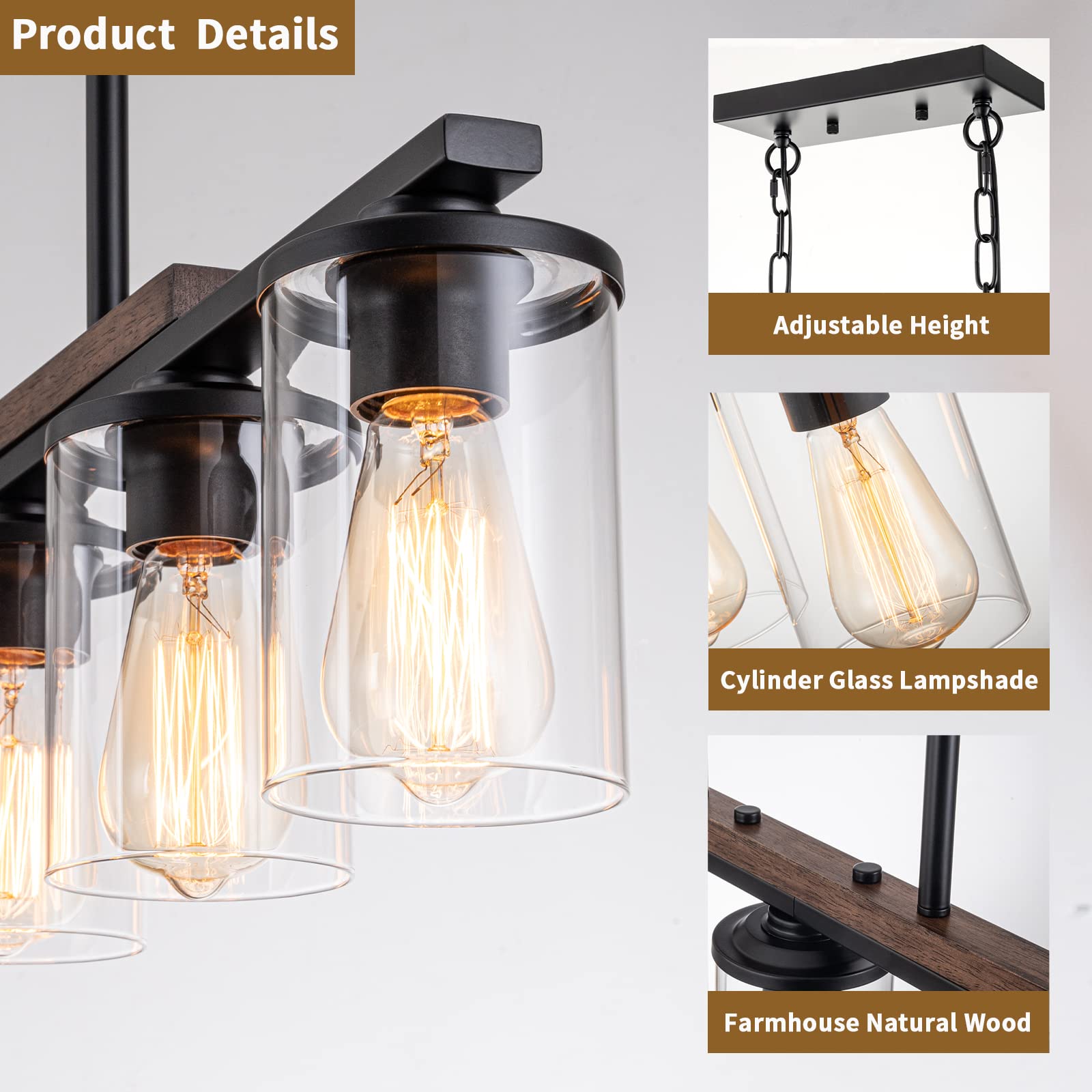 Farmhouse 5-Light Kitchen Island Chandelier - Rustic Wood Frame & Black Metal Finish with Clear Glass Shades - Adjustable Pendant Lighting for Dining Table, Kitchen Island - Perfect for Farmhouse, Rustic & Industrial Style Home Decor