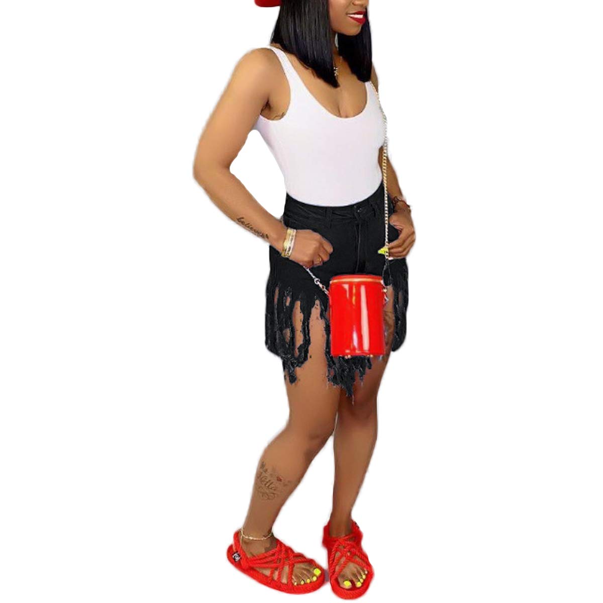 Women's High Waisted Denim Shorts with Tassels - Stretchy Summer Short Jeans with Frayed Raw Hem | Perfect for Clubwear, Beach Outfits & Casual Street Style