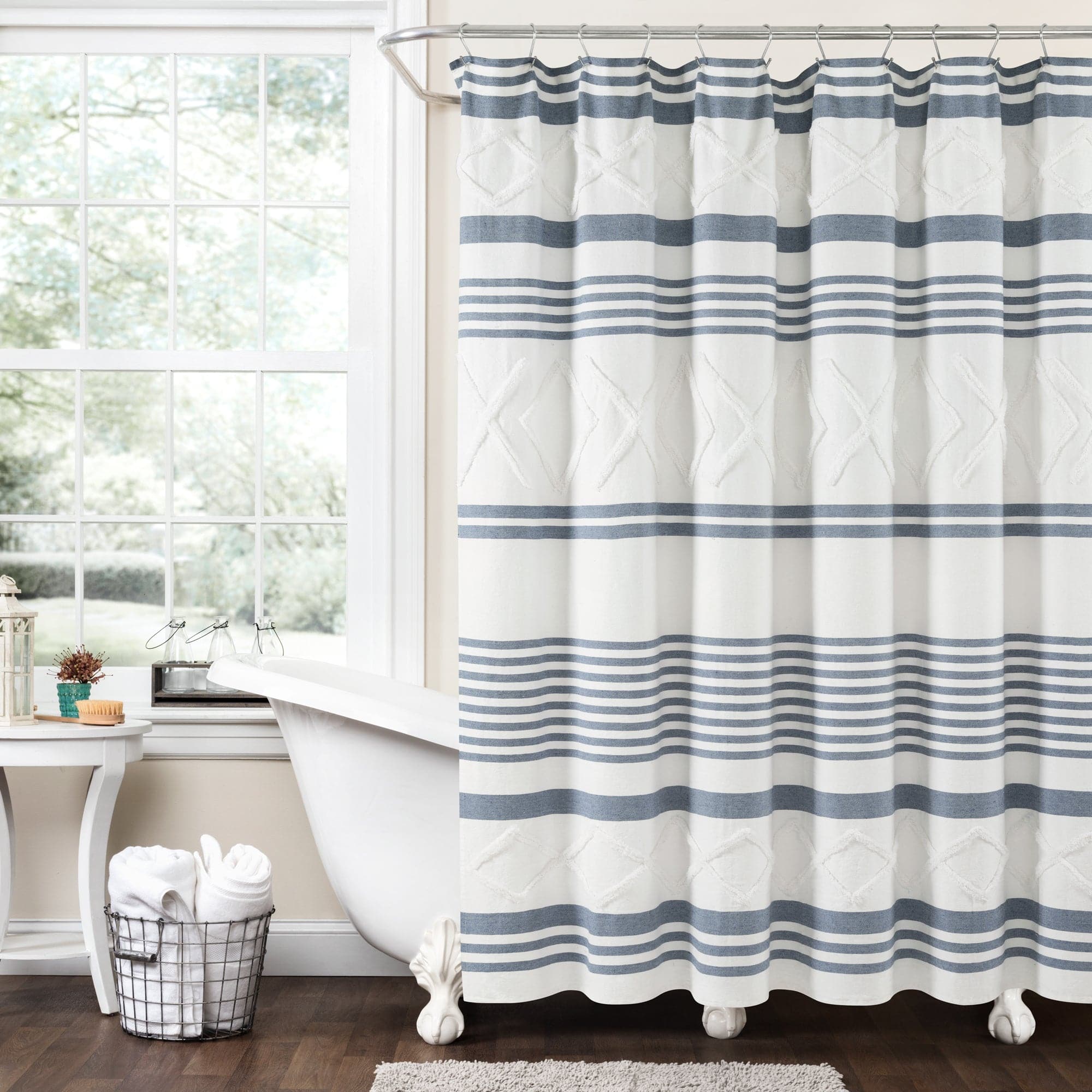 Eco-Friendly Urban Diamond Stripe Woven Tufted Shower Curtain - Waterproof Bathroom Decor for Modern Homes | Perfect for Small Bathrooms & Spa-Like Retreats