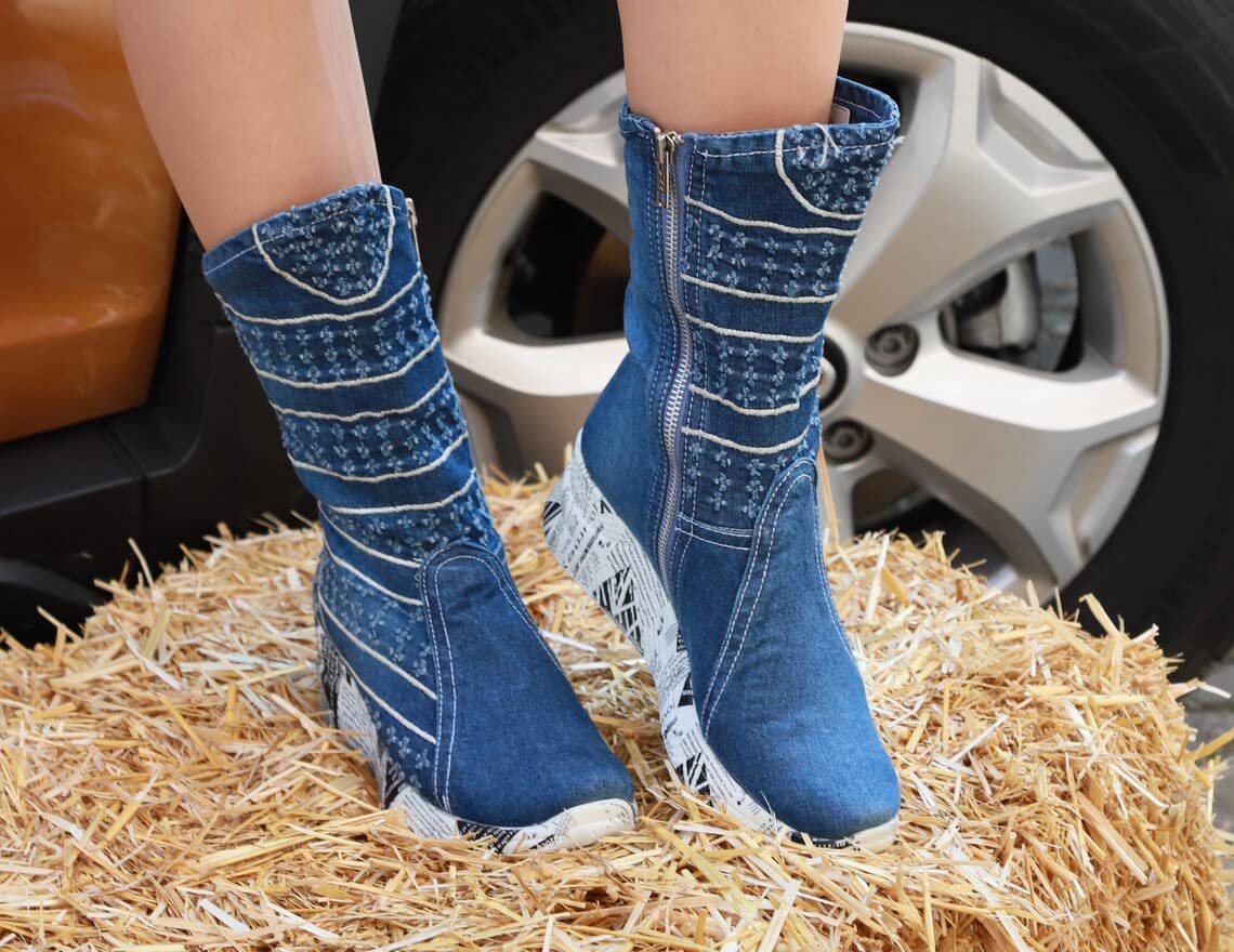 Stylish Women's Denim Boots - Handmade High Heel Sneaker Boots with Platform for Casual & Party Wear (Size 6.5, Blue) | Perfect Birthday Gift for Her | Great for Office, Dating & Night Out