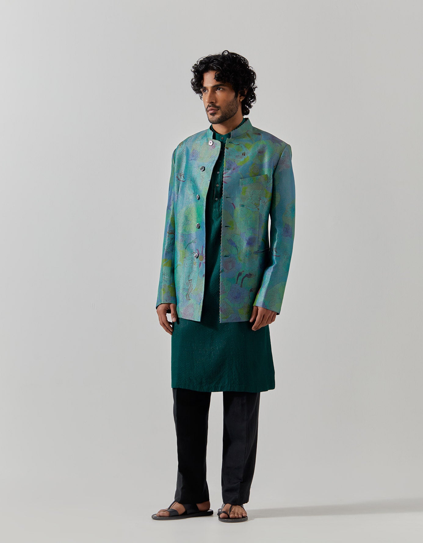 Elegant Bandhgala Silk Brocade Jacket in Aqua Fresco Color - Perfect for Weddings, Parties & Formal Events