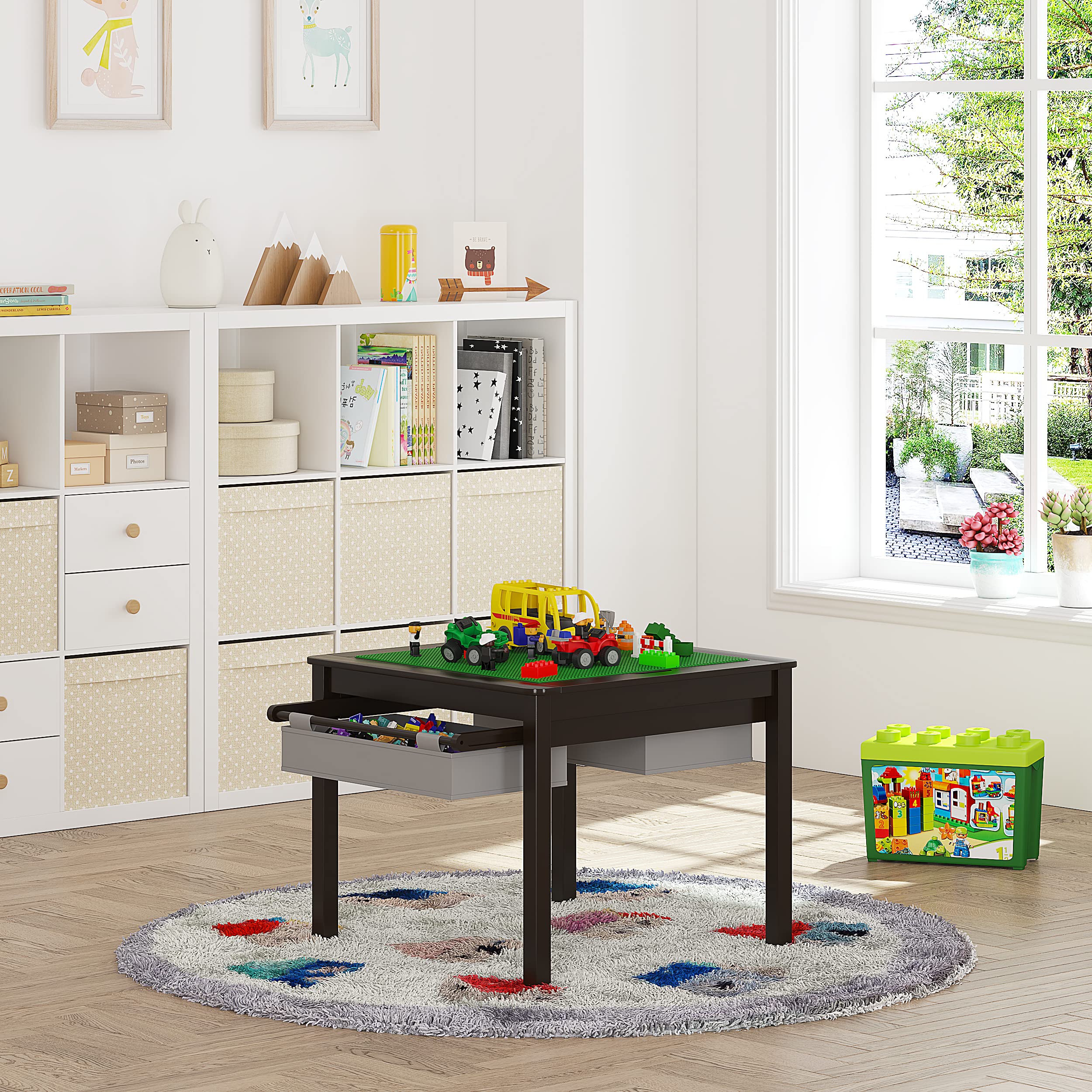 UTEX 2-in-1 Kids Construction Play Table with Storage Drawers & Built-in Plate - Espresso with Gray Drawer - Perfect for Toddler Playrooms & Daycare Centers