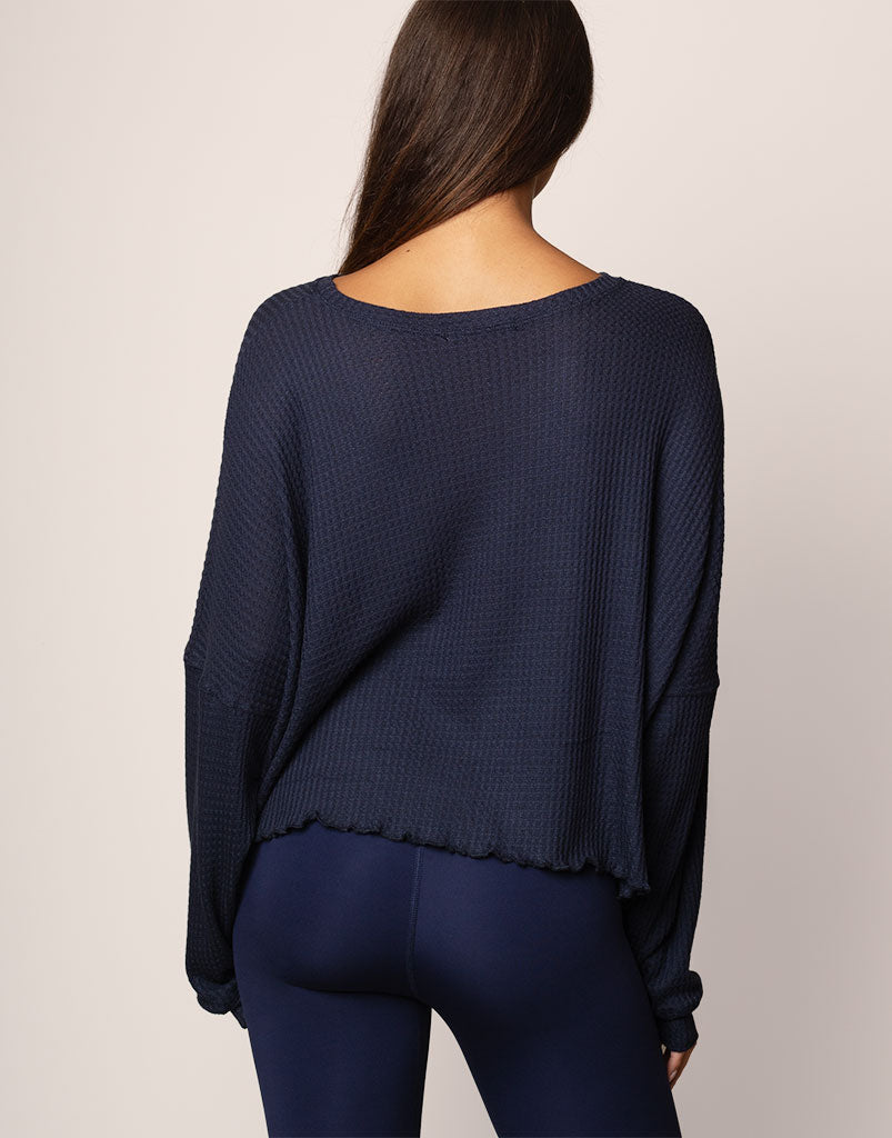 Oversized Waffle Knit Sweater Women's Navy Blue Long Sleeve Casual Pullover for Fall Winter Outfits | Cozy Loungewear & Layering Essential