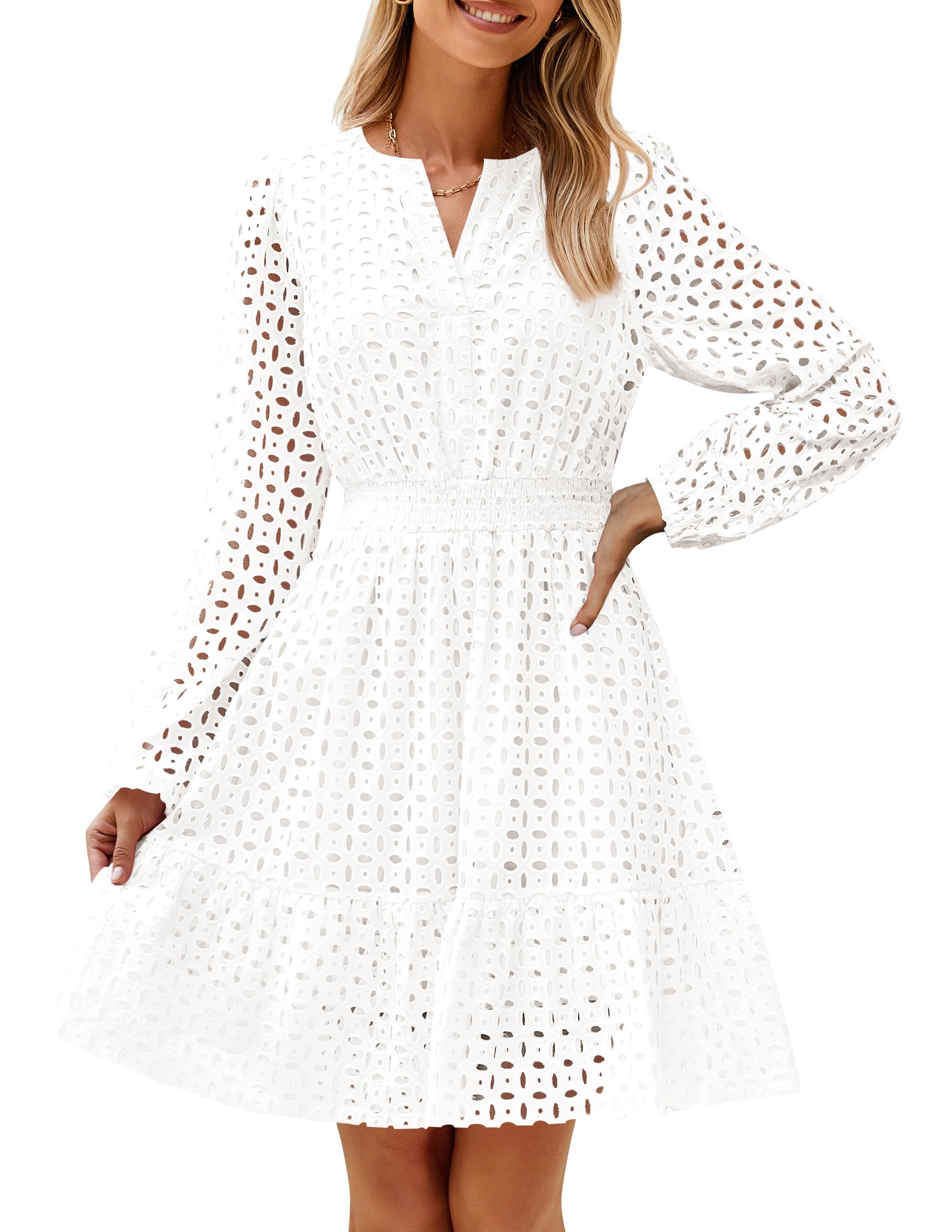 ZESICA Women's 2025 Long Sleeve Mini Dress - V Neck Hollow Out Eyelet Embroidery Ruffle A-Line Swing Short Dress for Spring Summer, Perfect for Date Night, Party, Wedding & Casual Outings