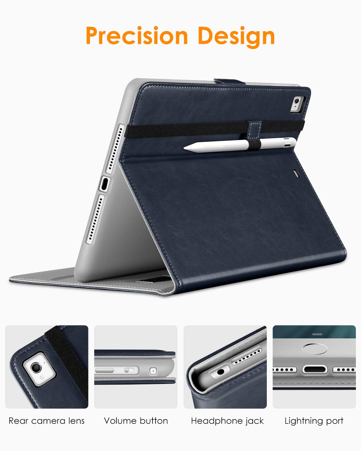 Premium Leather Folio Stand Case for iPad 9.7 Inch (5th/6th Gen 2018/2017 & iPad Pro 9.7/Air 2/Air) with Apple Pencil Holder - Blue | Protective Cover with Multiple Viewing Angles for Work, Study & Travel