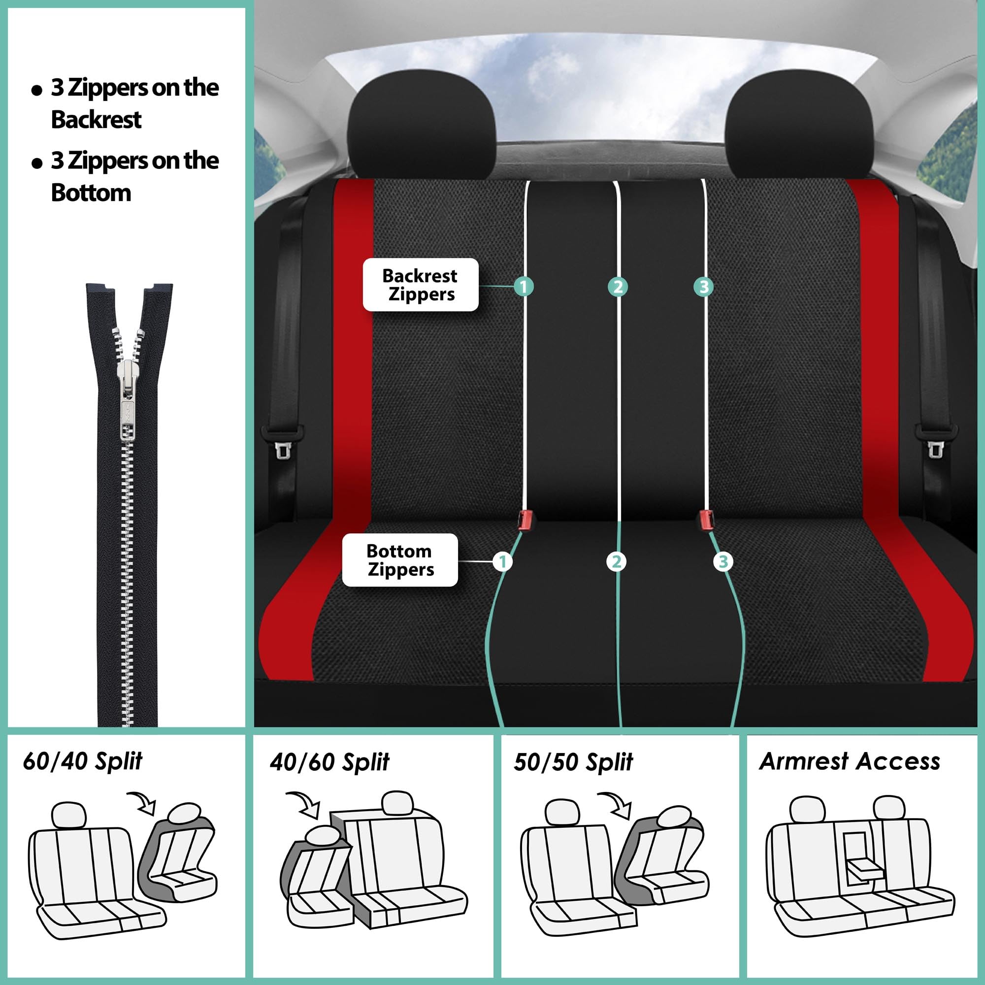 FH Group Universal Fit Car Seat Covers Full Set - Sports Style Red Automotive Seat Protectors | Airbag Compatible & Split Rear Design | Interior Accessories for Cars, Trucks, SUVs | Perfect for Daily Commute, Road Trips & Family Protection