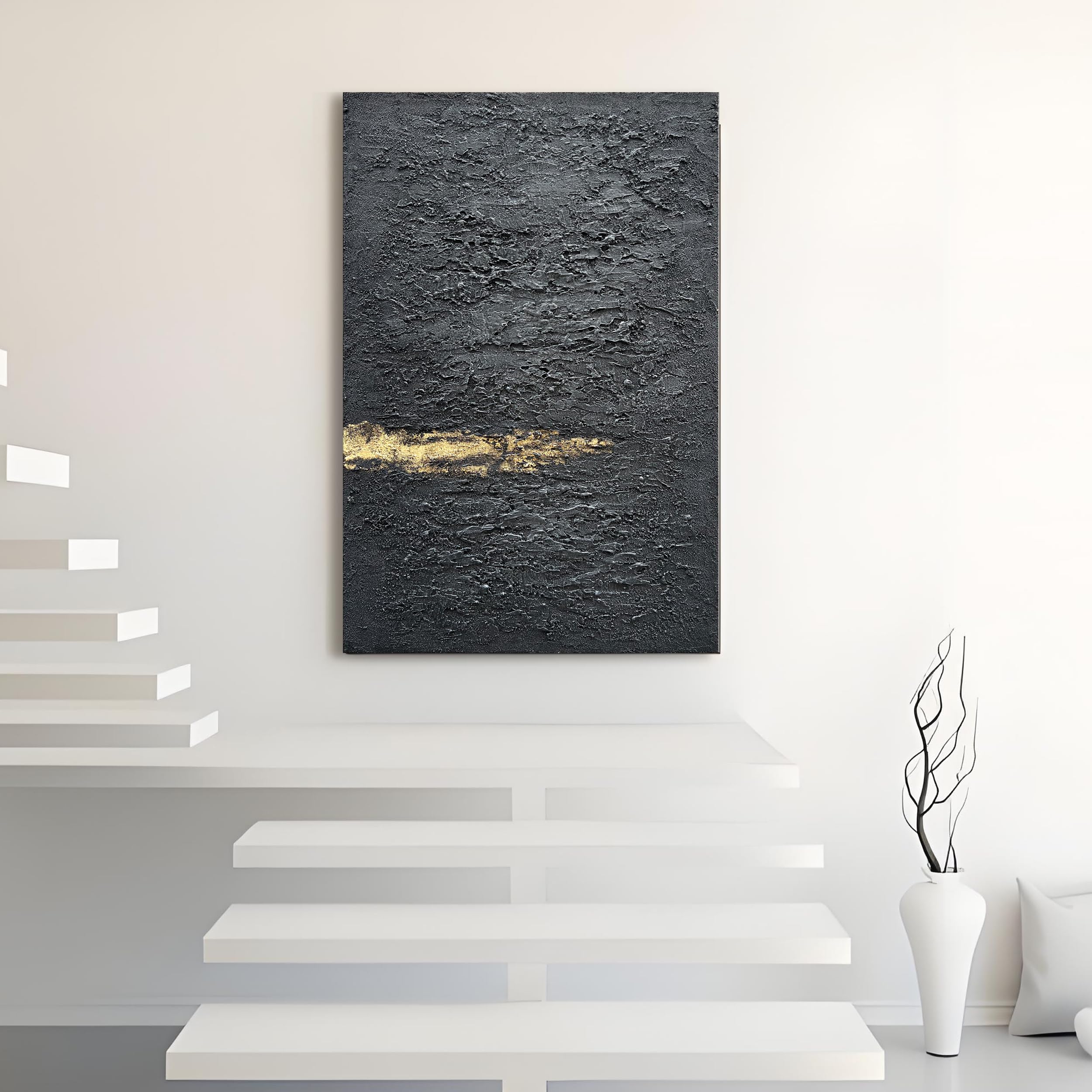 Hand Painted 36x24 Inch Black and Gold Abstract Wall Art - Thick Texture Oil Painting for Modern Home Decor | Perfect for Living Room, Bedroom or Office