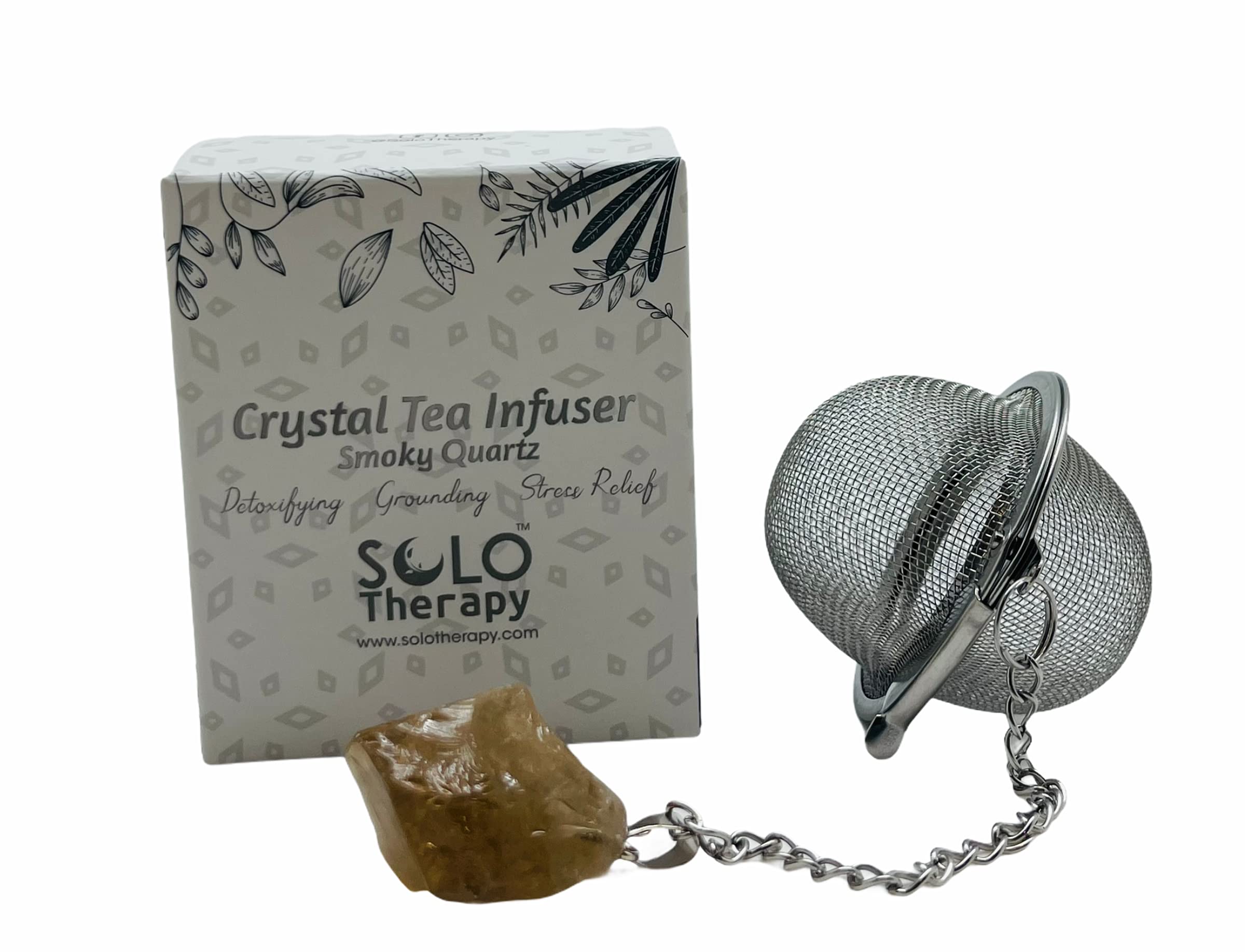 Premium Smoky Quartz Crystal Tea Infuser - Stainless Steel Mesh Tea Strainer with Extended Chain Hook for Brewing Fine Loose Tea - Perfect for Home, Office & Tea Ceremony Use