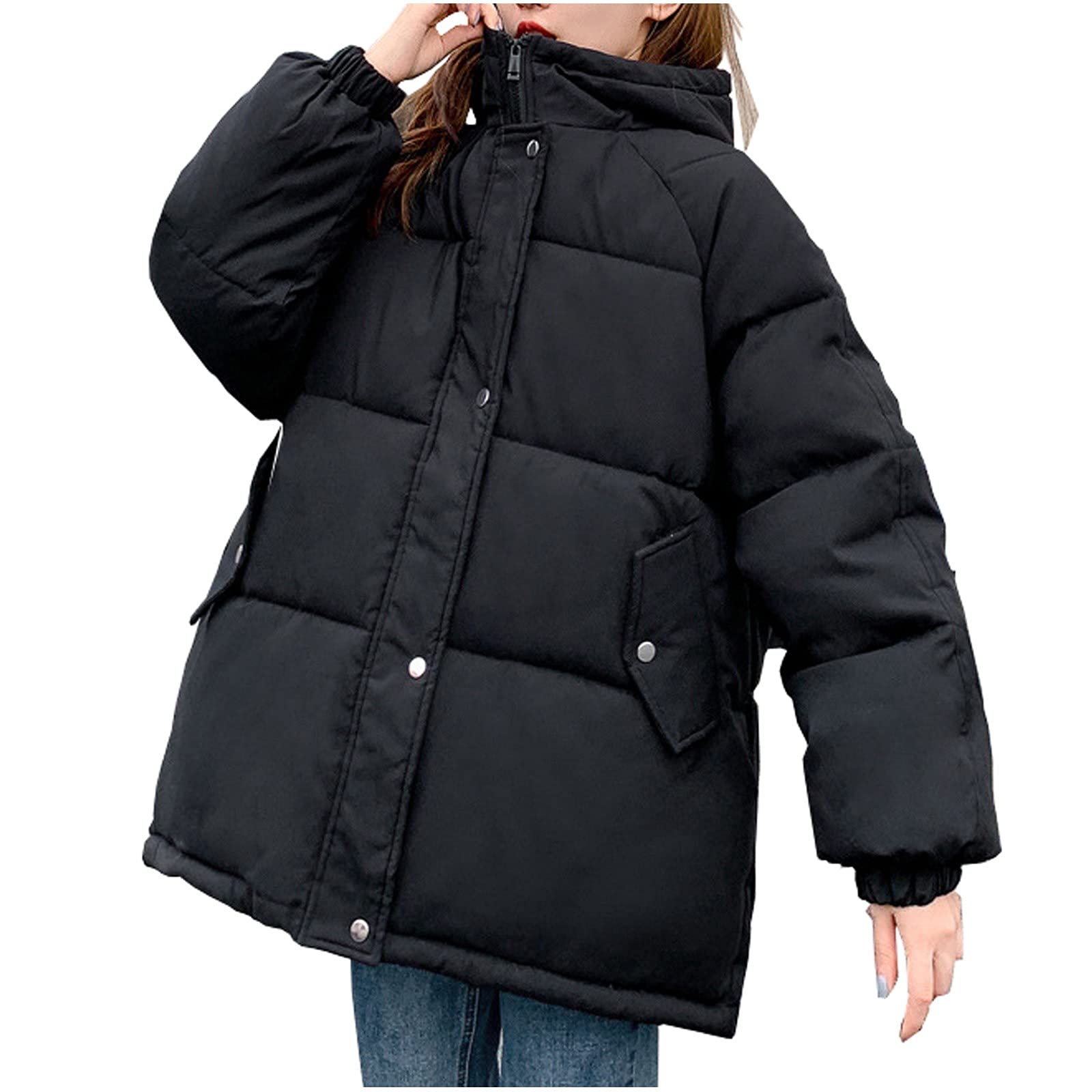 BFAFEN Women's Cotton Hooded Jacket - Winter Warm Button Down Coat, Casual Loose Fit Solid Outerwear for Everyday Wear, Outdoor Activities & Cold Weather Protection