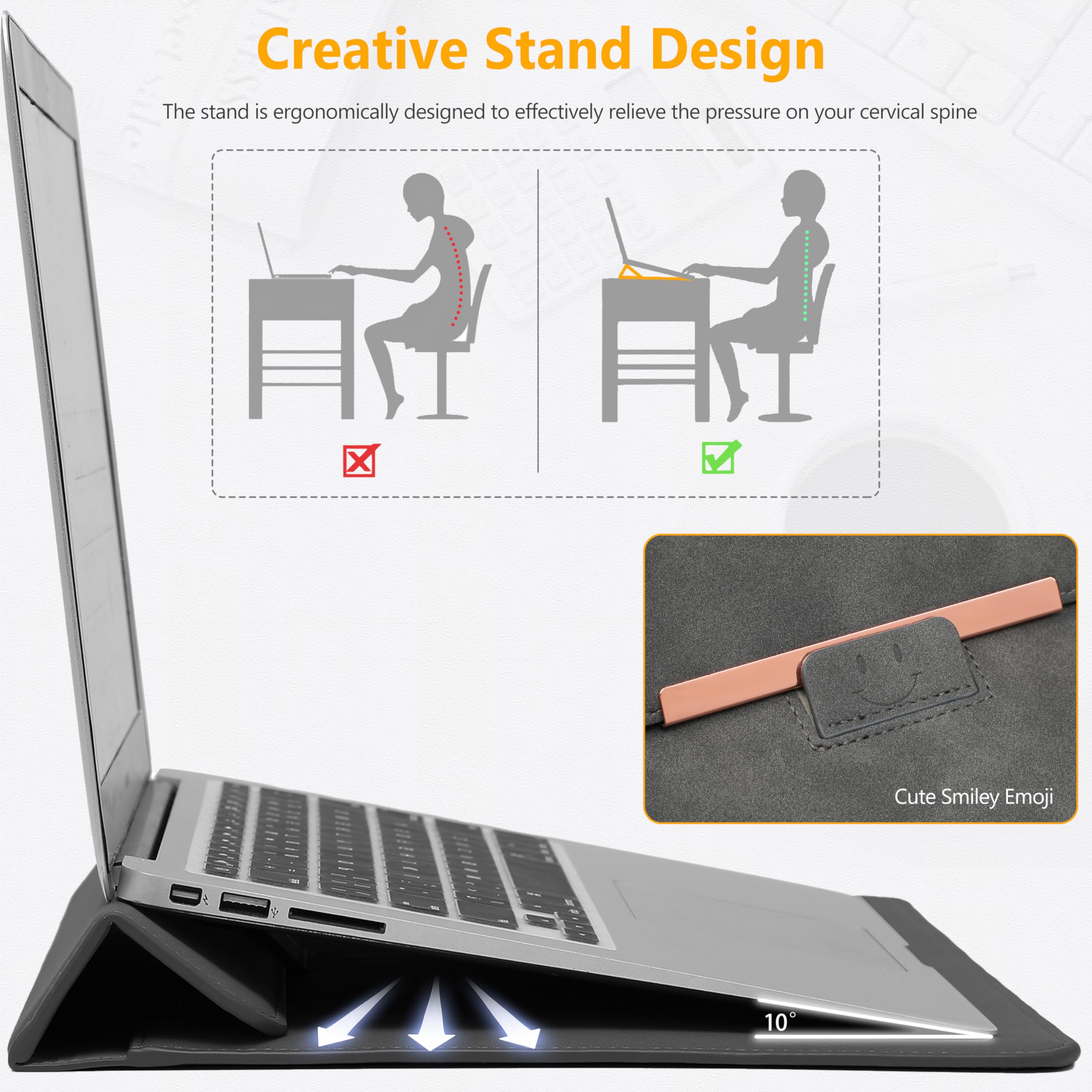 HYZUO 13 Inch Laptop Sleeve with Stand - Compatible with MacBook Air 13 M3/M2/M1 (2024-2018), MacBook Pro 13 M2/M1 (2024-2016), 13
