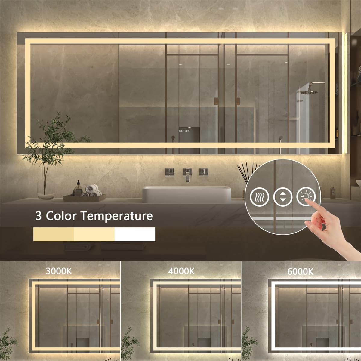 ExBrite 96x36 Inches LED Bathroom Mirror with Anti-Fog & Dimmable Light - Wall Mounted Vanity Mirror with Dual Lighting Modes, Tempered Glass - Perfect for Modern Bathrooms, Dressing Rooms & Makeup Areas