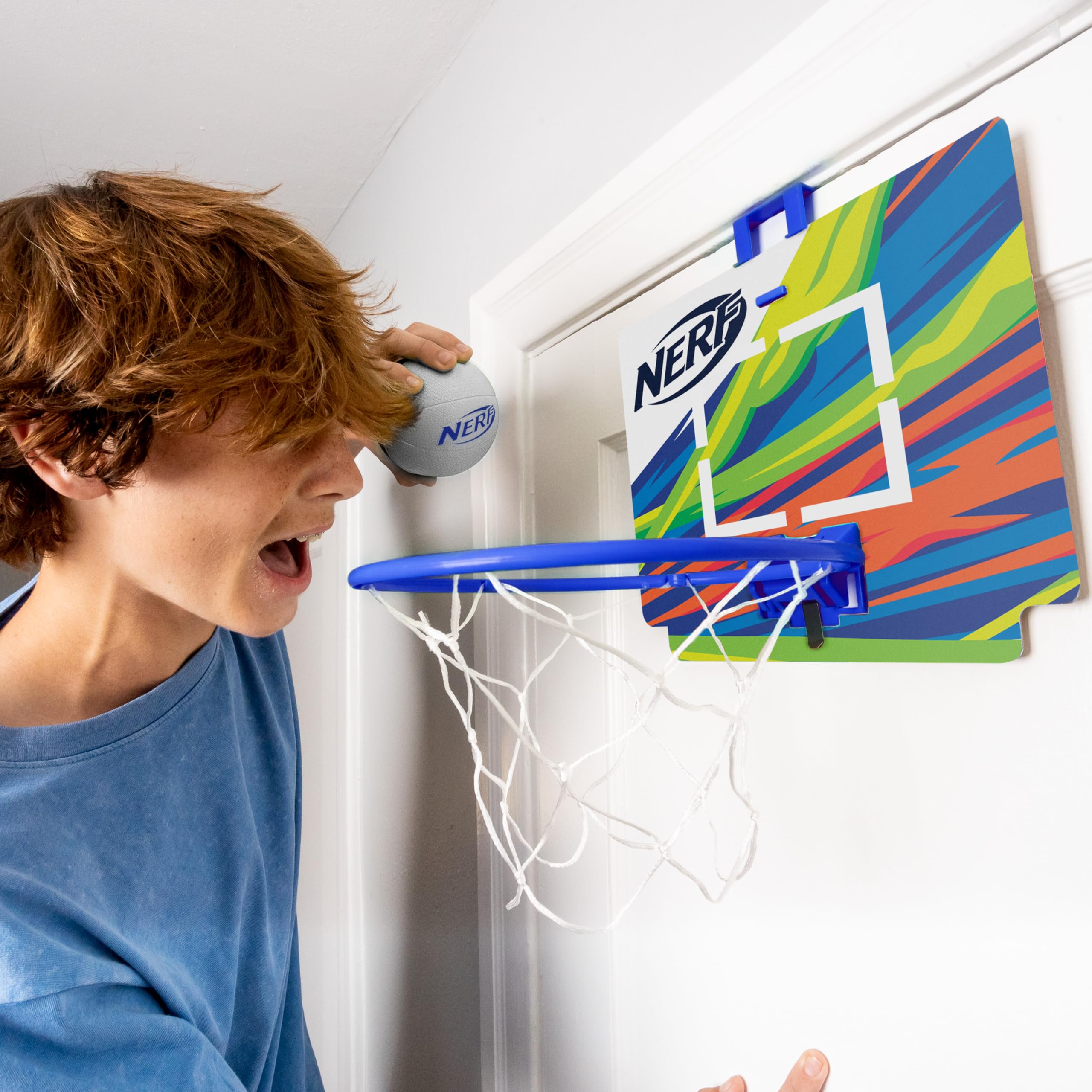 Nerf Mini Over The Door Basketball Hoop Set - Indoor Basketball Game for Kids with Mini Foam Ball - Fun Bedroom & Playroom Toy for Boys & Girls - Perfect for Indoor Sports & Active Play (Blue)